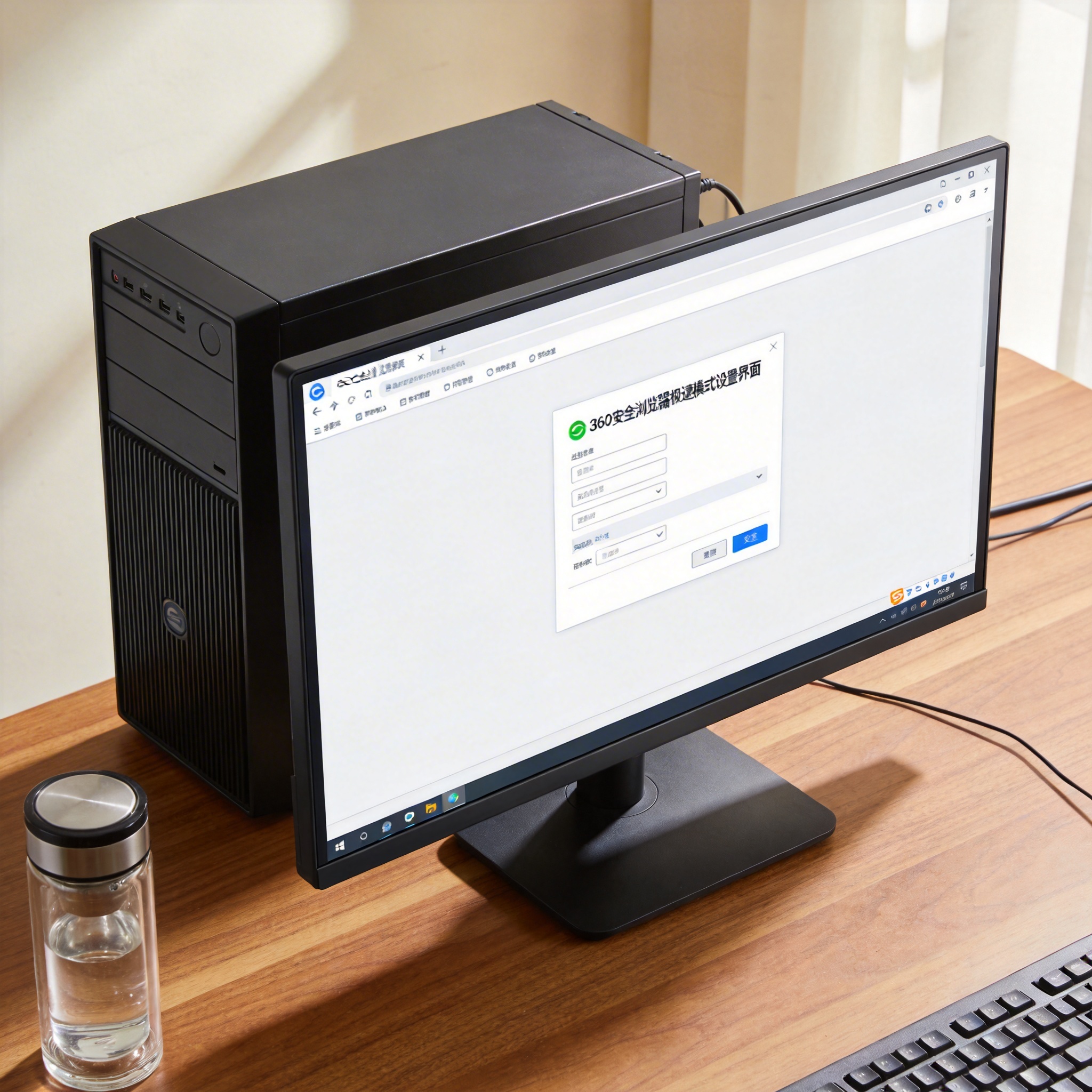 书桌上的主机，屏幕显示360 安全浏览器极速模式设置界面，桌角放着水杯，自然光