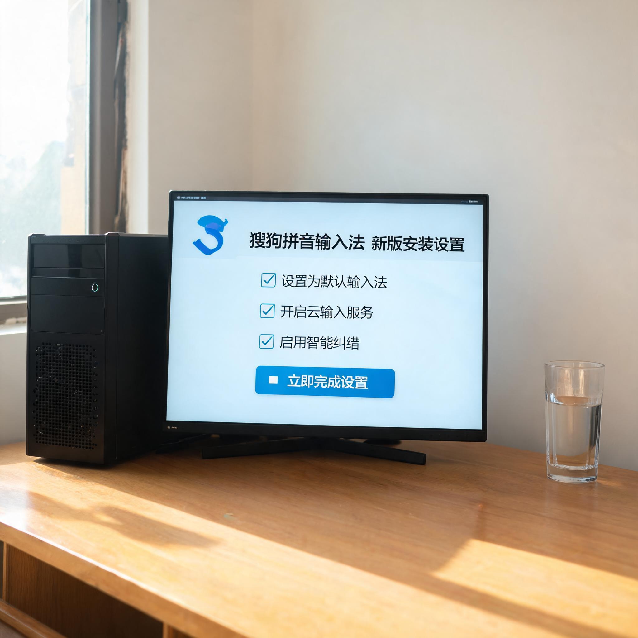 书桌上的主机，屏幕显示搜狗拼音输入法新版安装设置界面，桌角放着水杯，自然光
