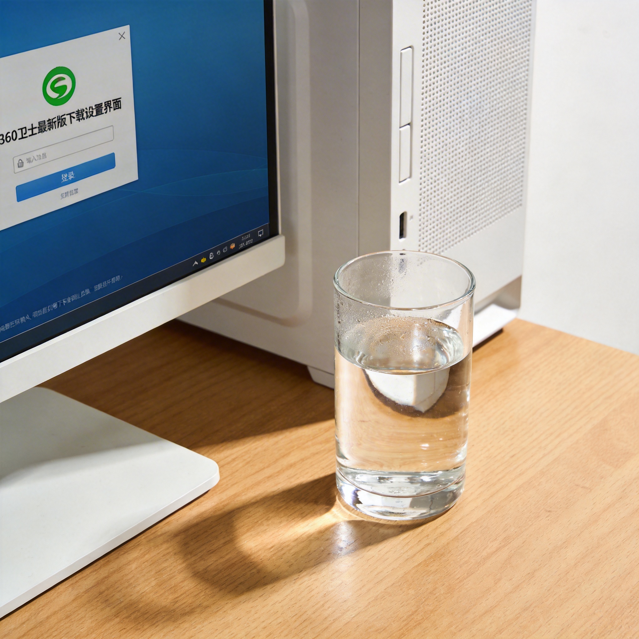 书桌上的主机，屏幕显示360 卫士最新版下载设置界面，桌角放着水杯，自然光