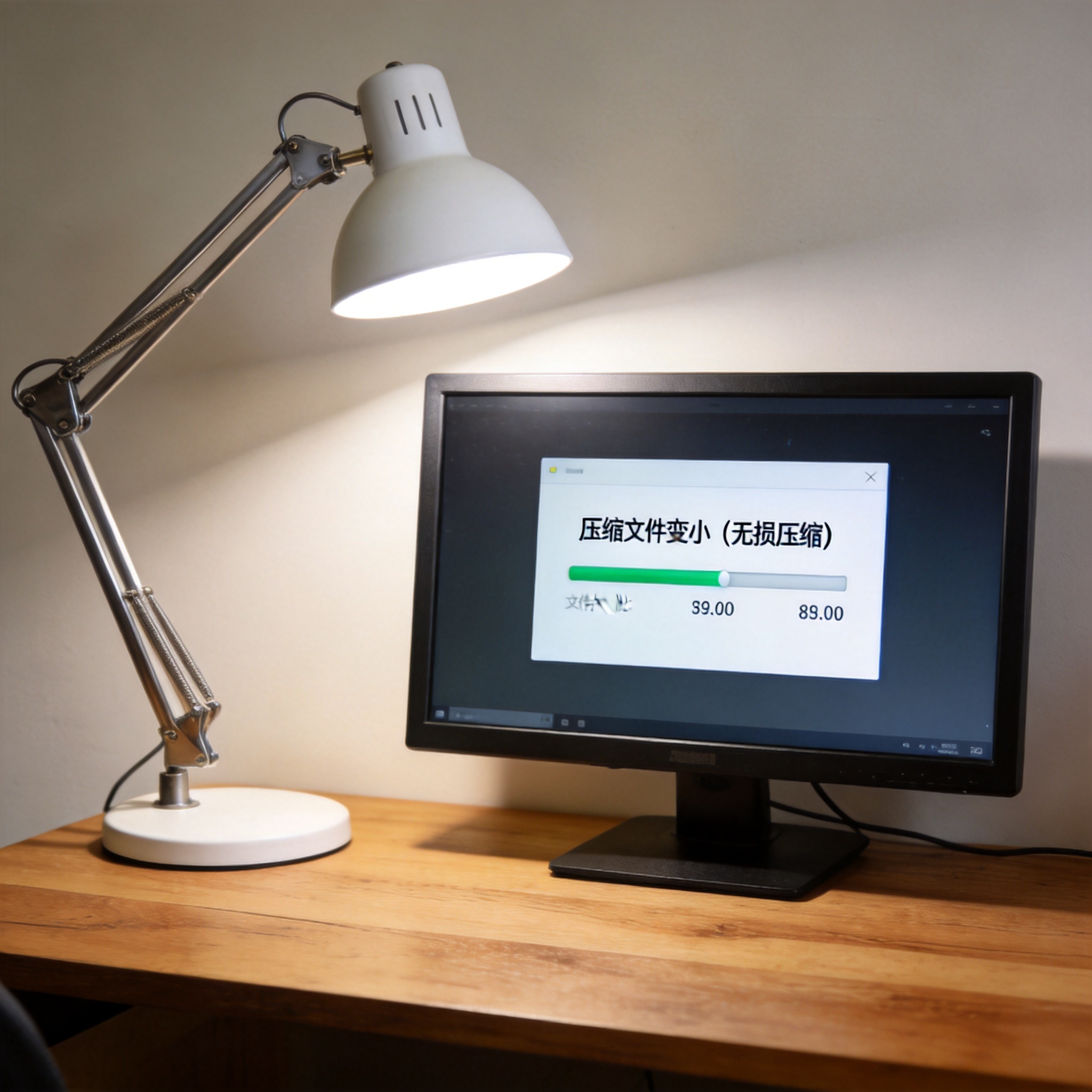 电脑桌上的电脑，屏幕显示压缩文件变小无损压缩界面，旁边放着台灯
