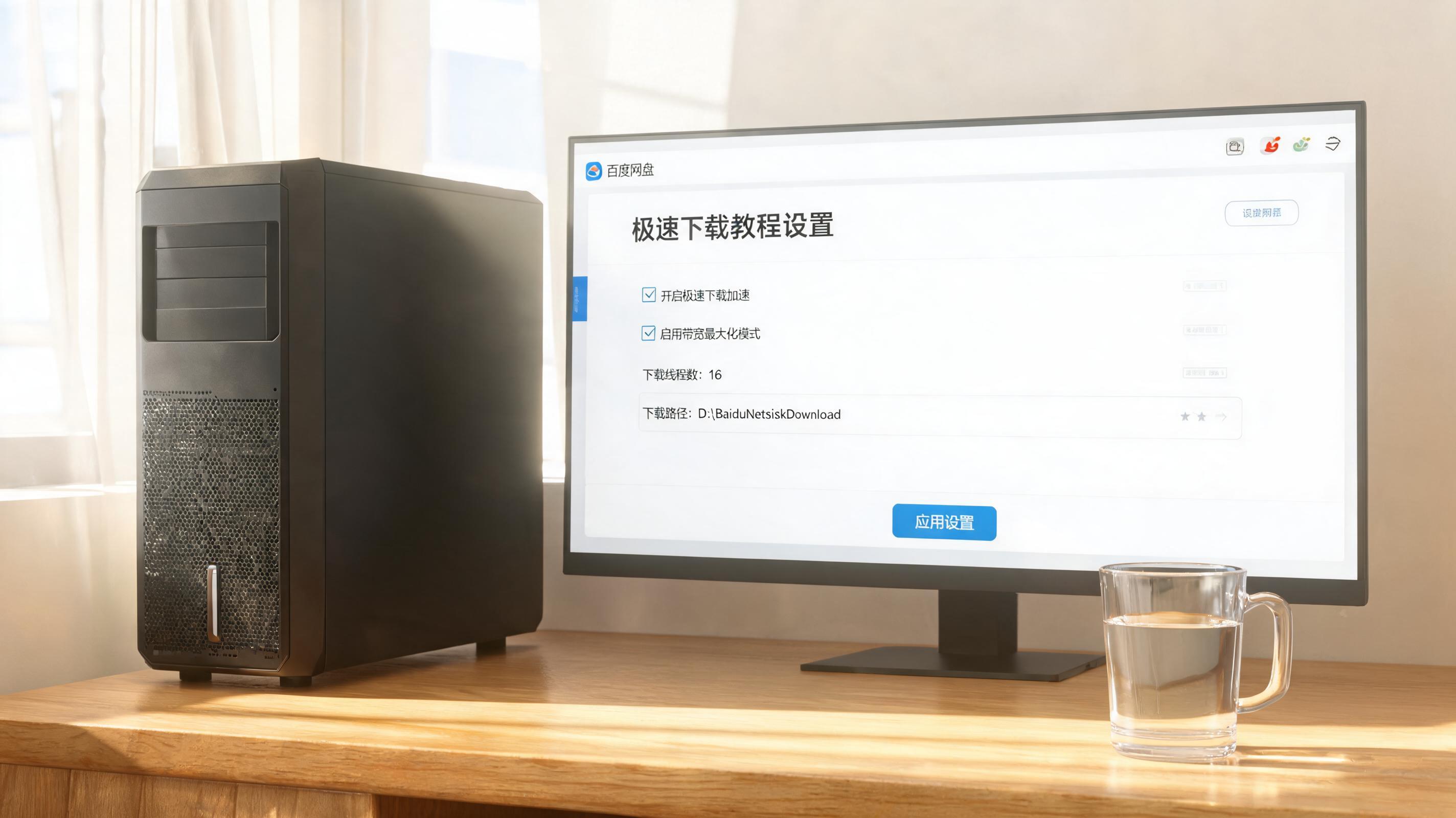 书桌上的主机，屏幕显示百度网盘极速下载教程设置界面，桌角放着水杯，自然光