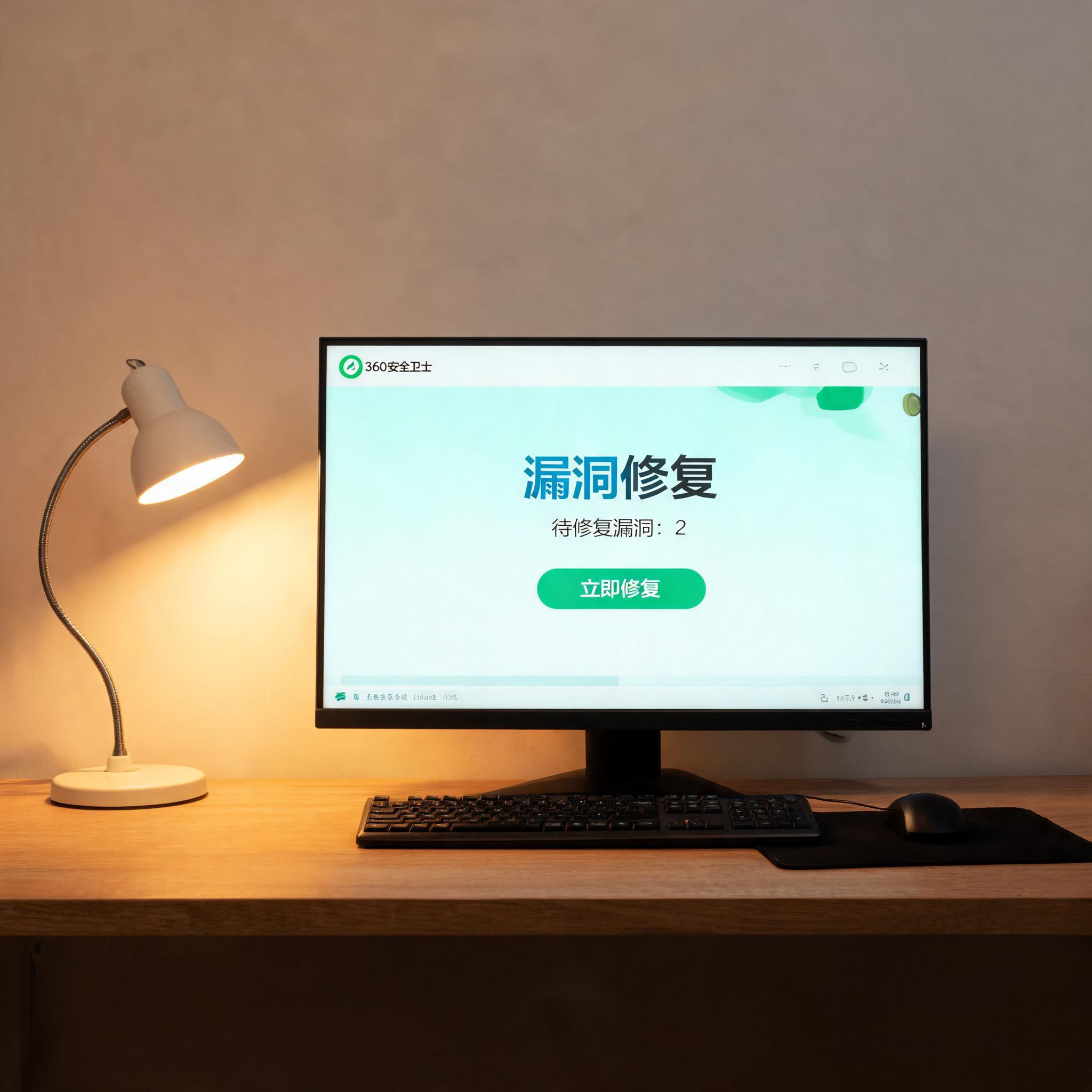 电脑桌上的电脑，屏幕显示360 卫士漏洞修复功能桌面，旁边放着台灯