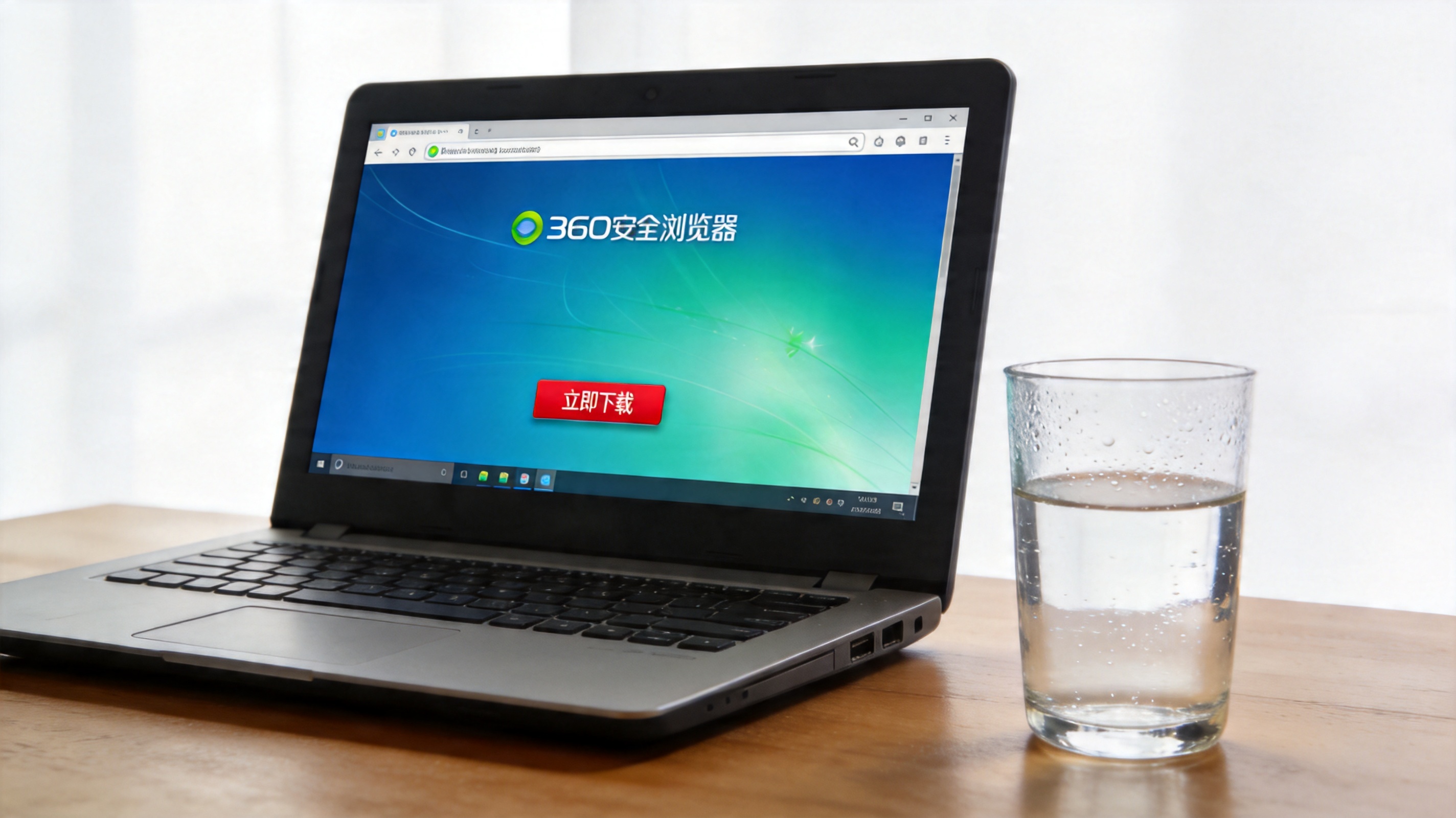 电脑桌面显示Windows系统默认壁纸，屏幕打开360安全浏览器官方网站页面，页面上有醒目的立即下载按钮，桌面旁放着半杯温水，室内自然光