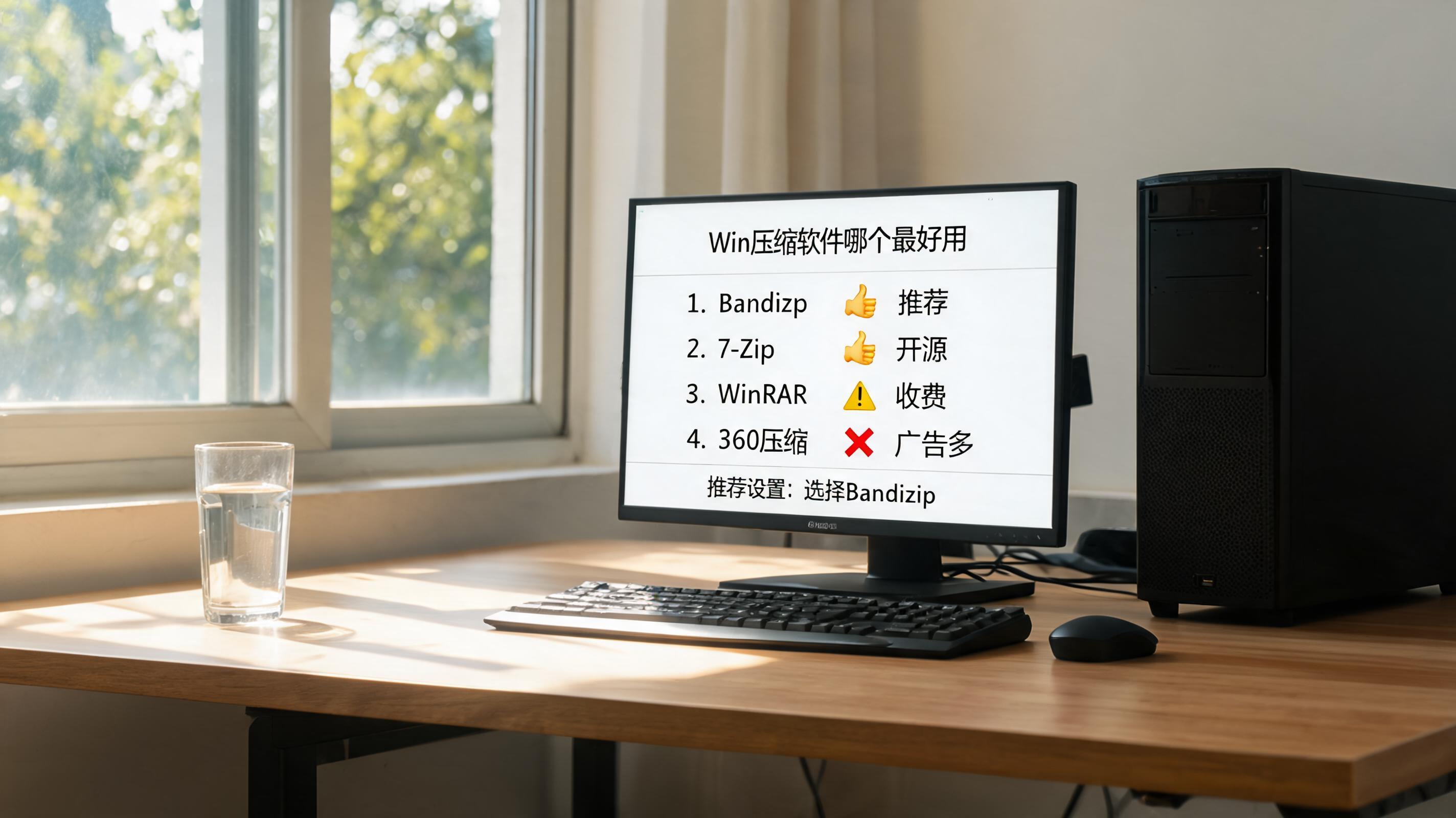 书桌上的主机，屏幕显示win 压缩软件哪个最好用设置界面，桌角放着水杯，自然光