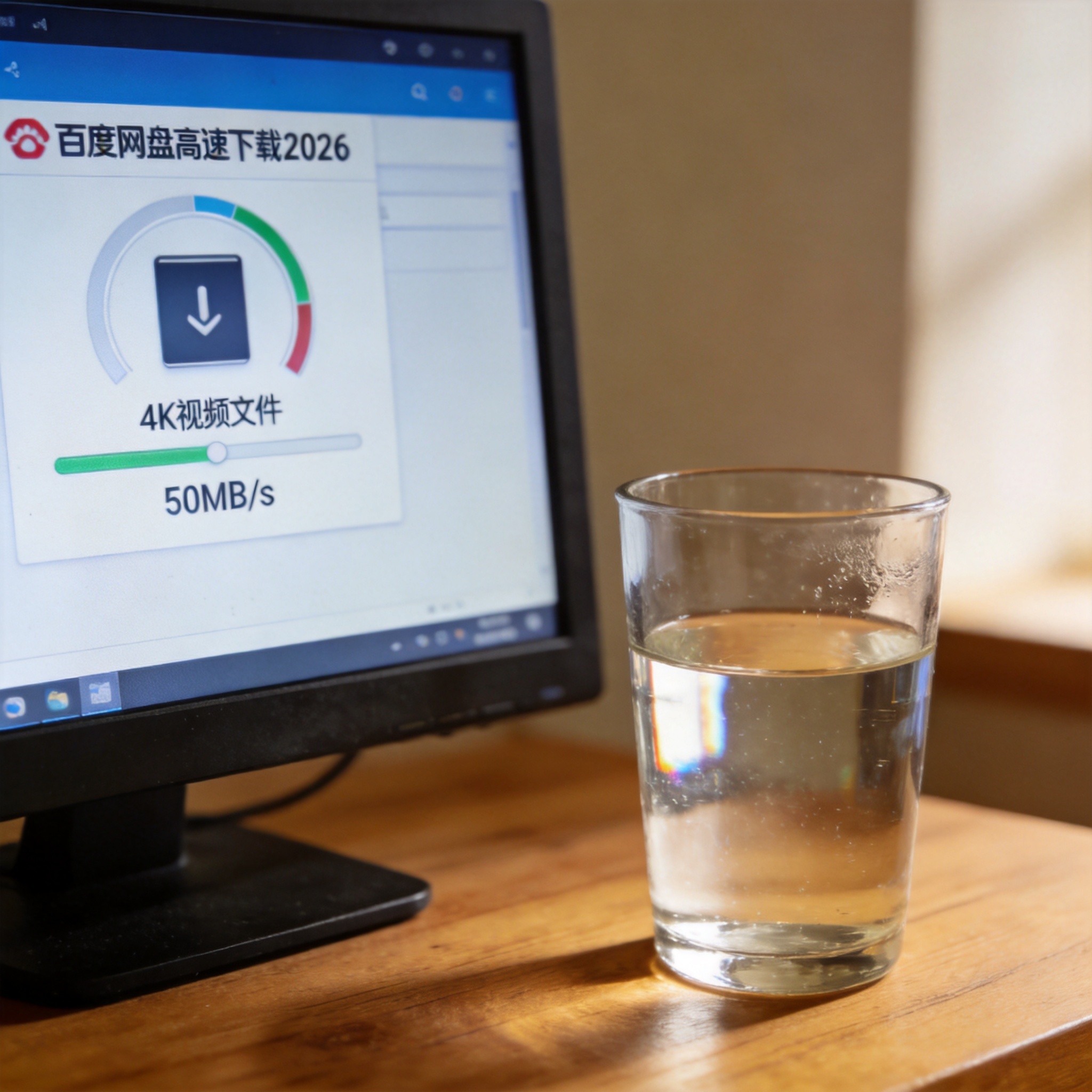 电脑桌的电脑屏幕显示百度网盘高速下载2026界面，正在下载4K视频文件，速度显示50MB/s，旁边放着半杯温水，室内自然光