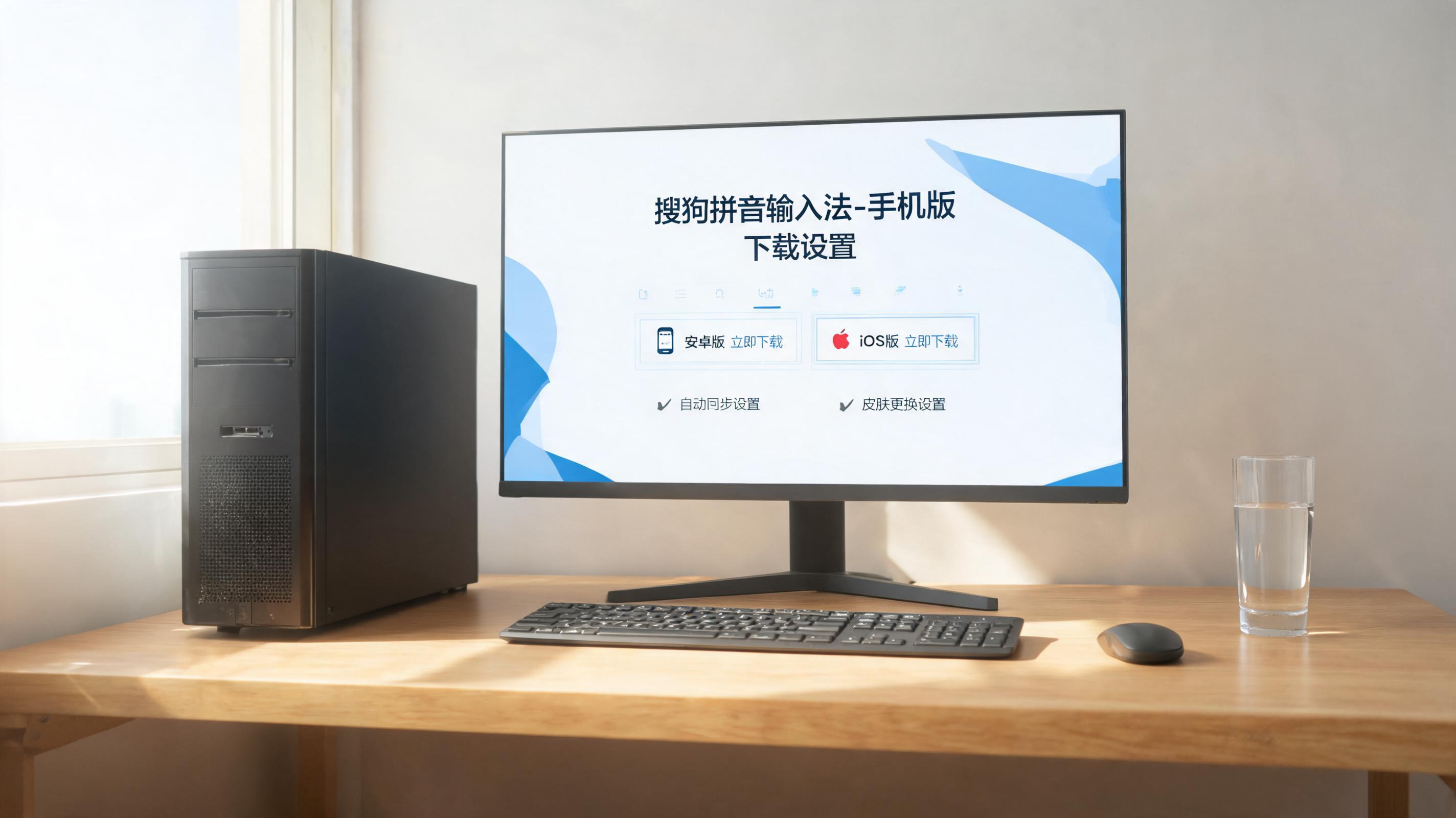 书桌上的主机，屏幕显示手机搜狗拼音输入法下载设置界面，桌角放着水杯，自然光
