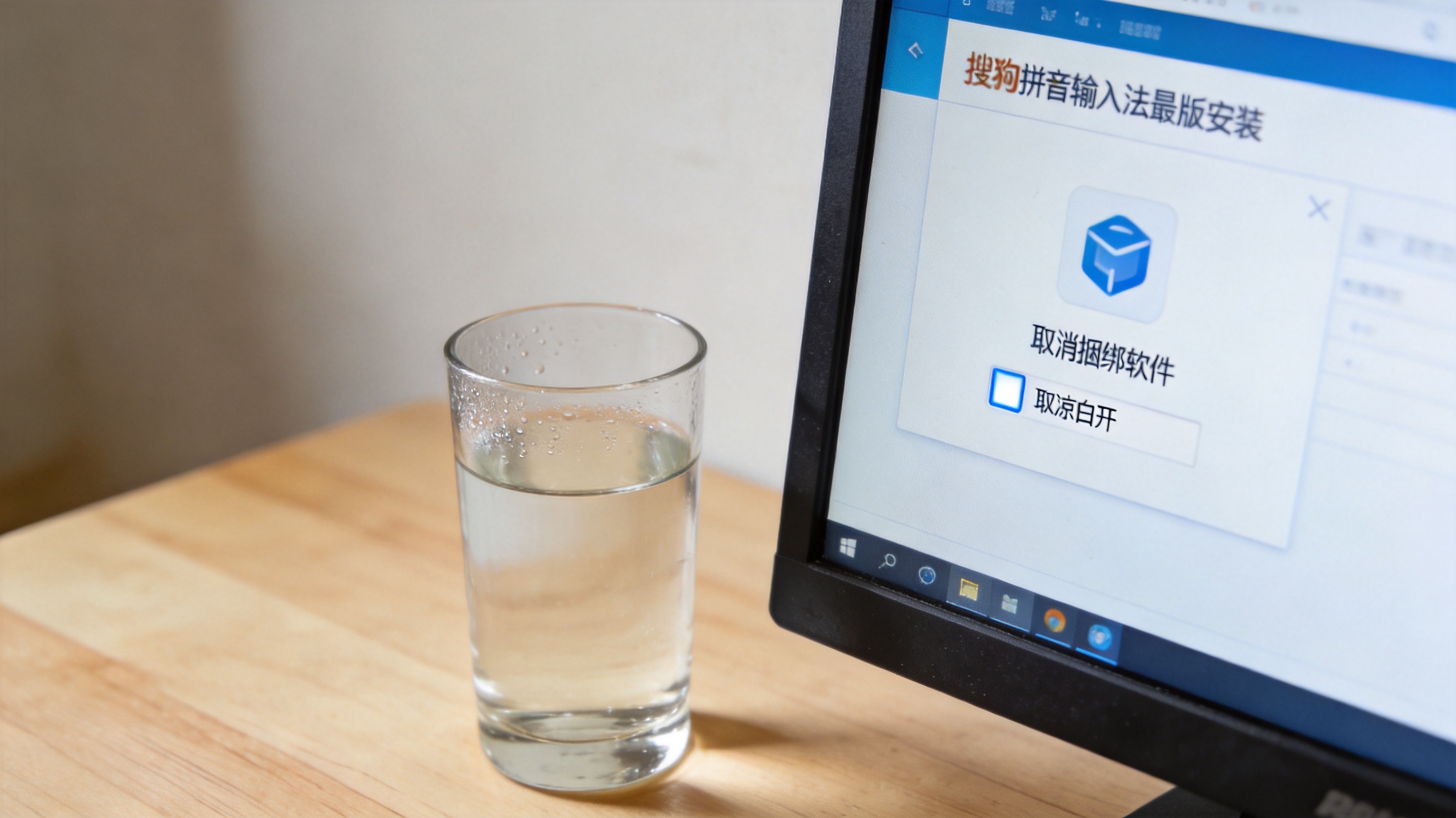 电脑桌面显示搜狗拼音输入法最新版的安装界面，界面上有取消捆绑软件的勾选框，旁边放着半杯凉白开，室内自然光