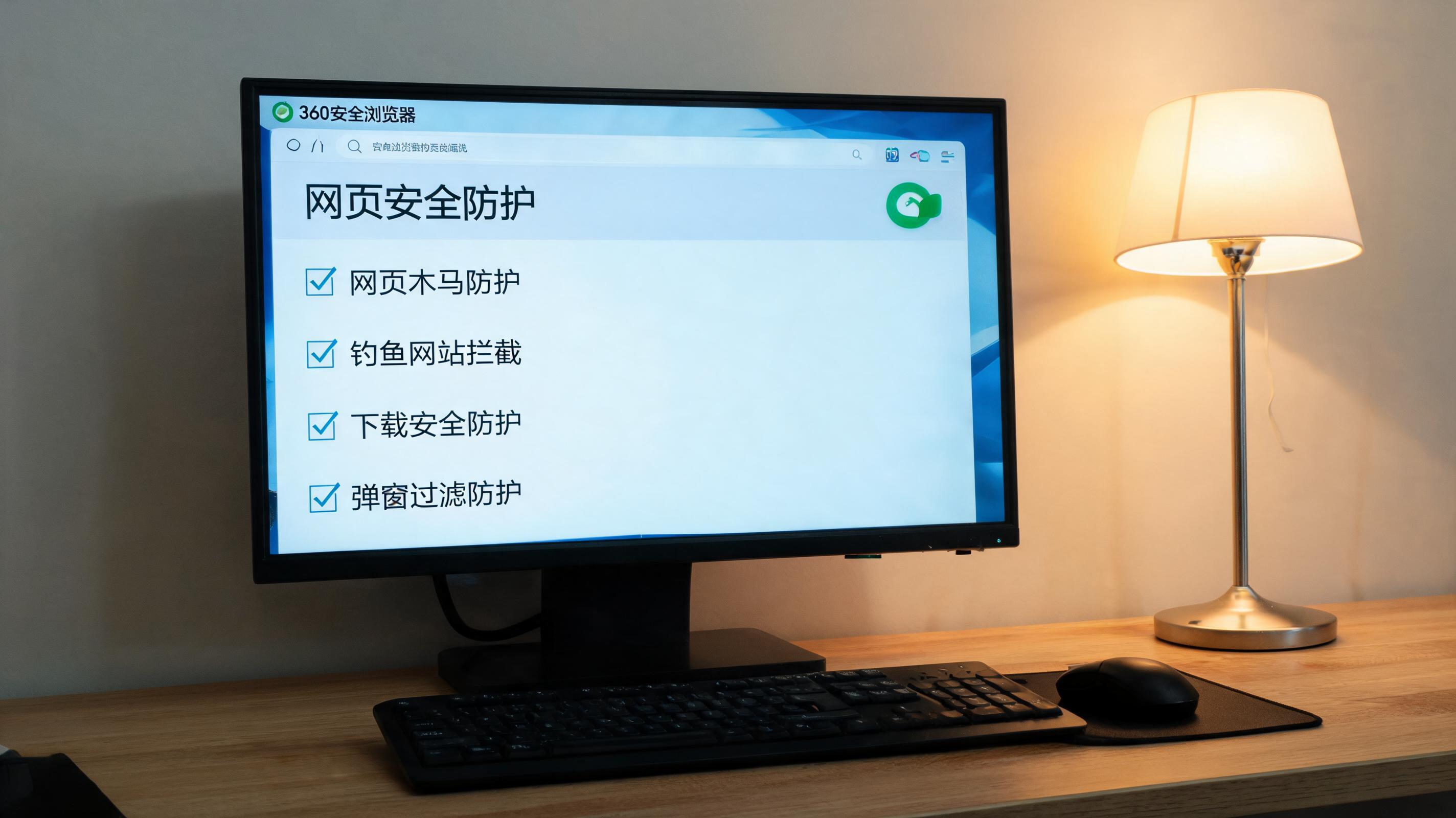 电脑桌上的电脑，屏幕显示360 浏览器网页安全防护菜单，旁边放着台灯