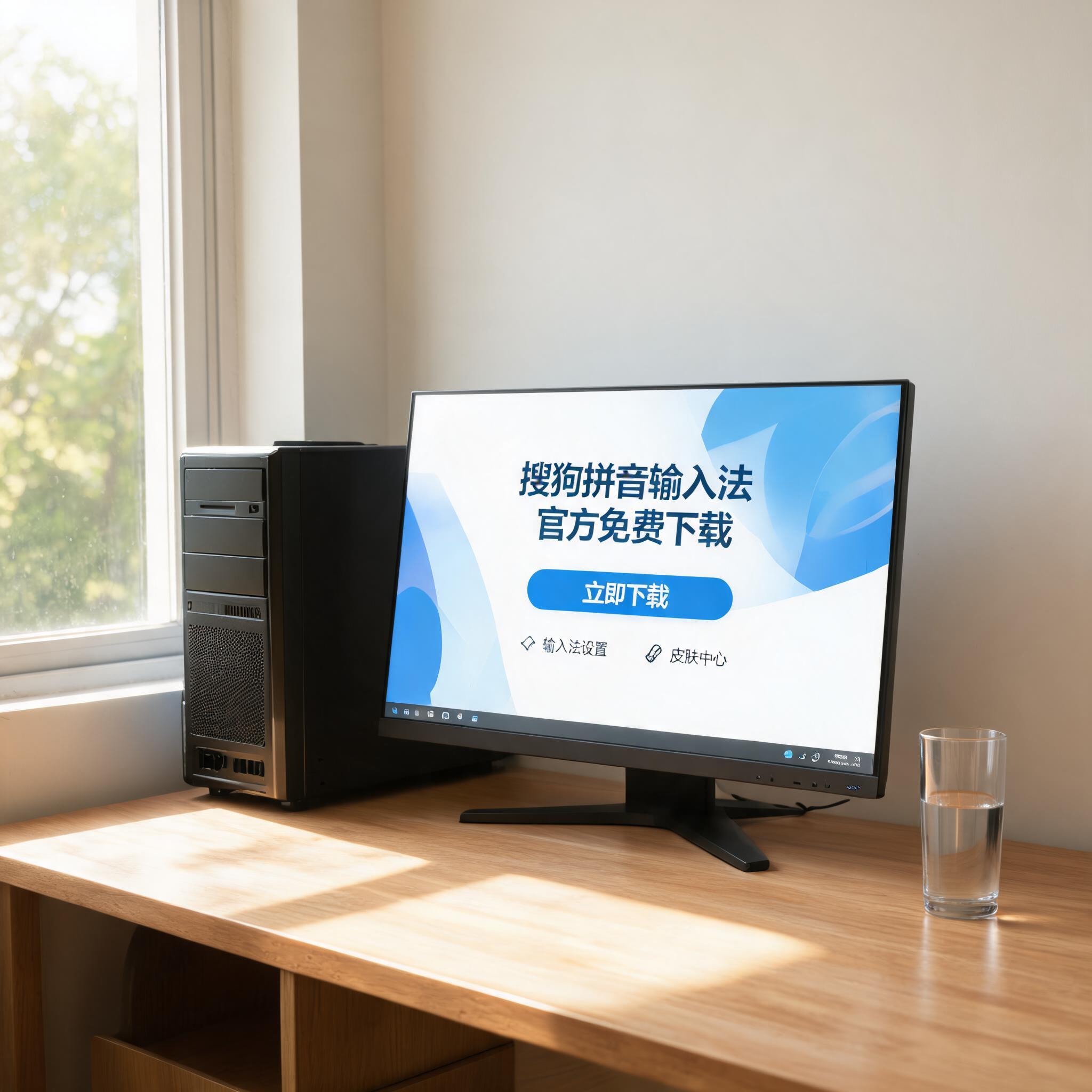 书桌上的主机，屏幕显示搜狗拼音官方免费下载设置界面，桌角放着水杯，自然光