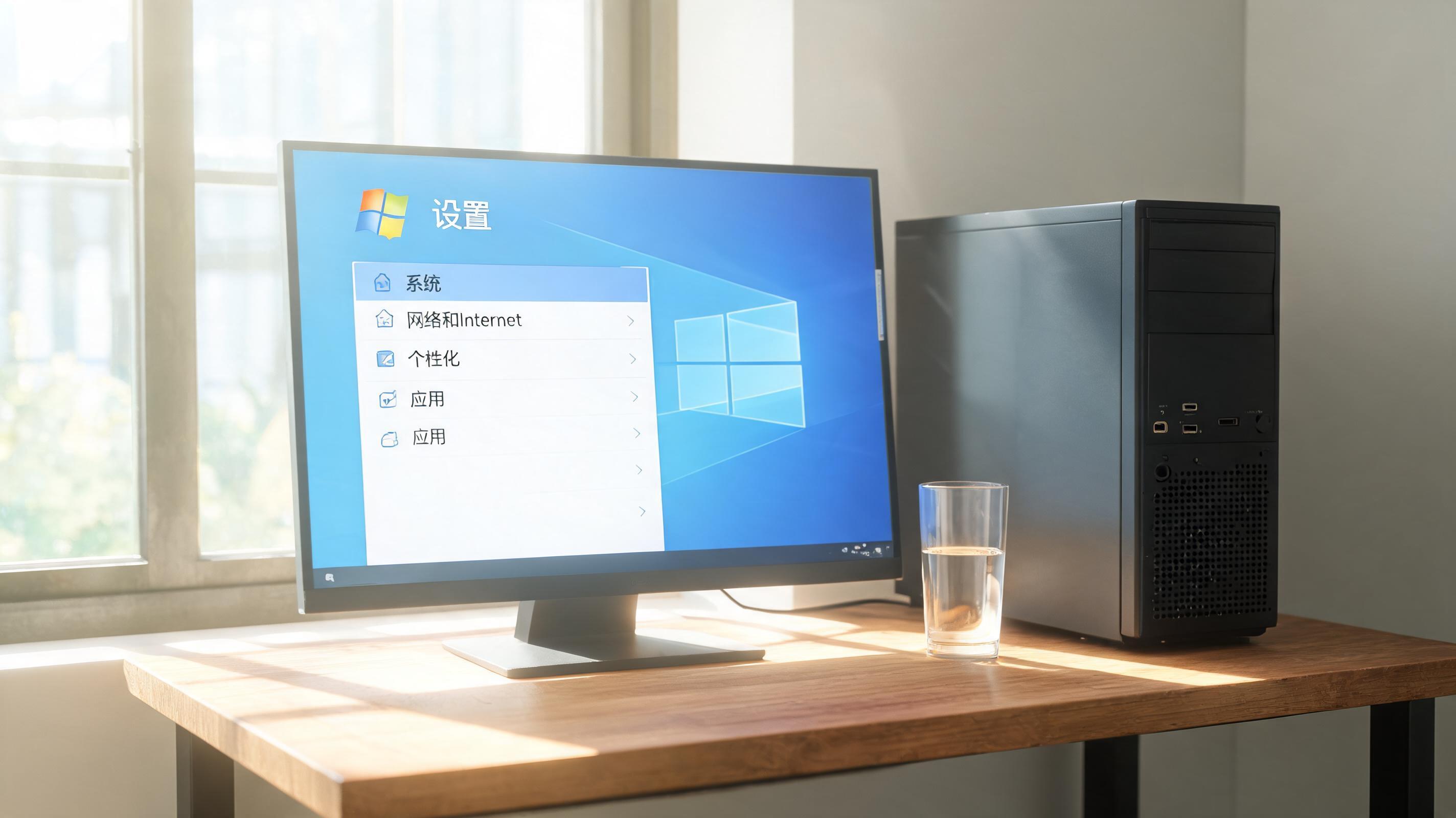书桌上的主机，屏幕显示Windows设置界面，桌角放着水杯，自然光