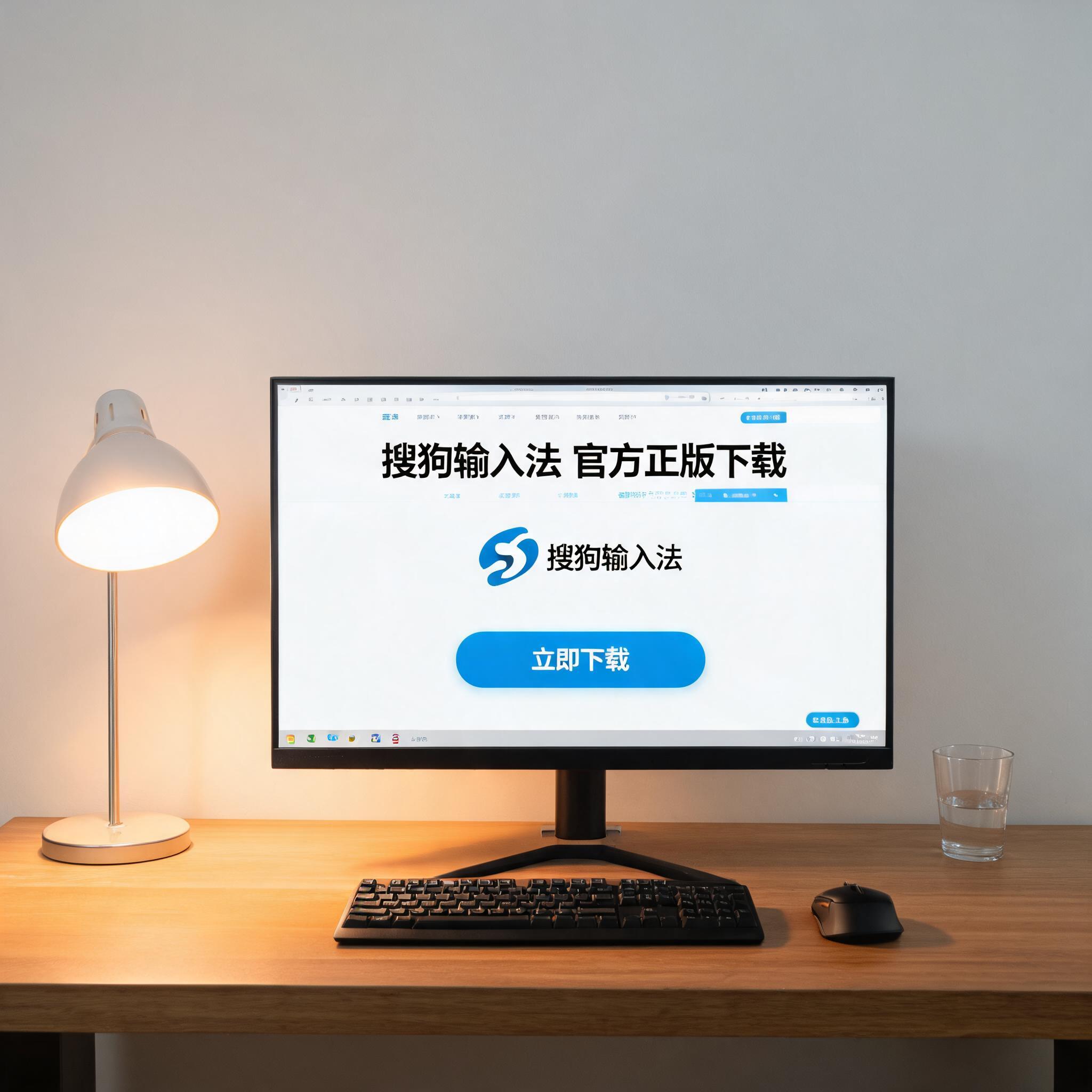 电脑桌上的电脑，屏幕显示搜狗输入法官方正版下载界面，旁边放着台灯