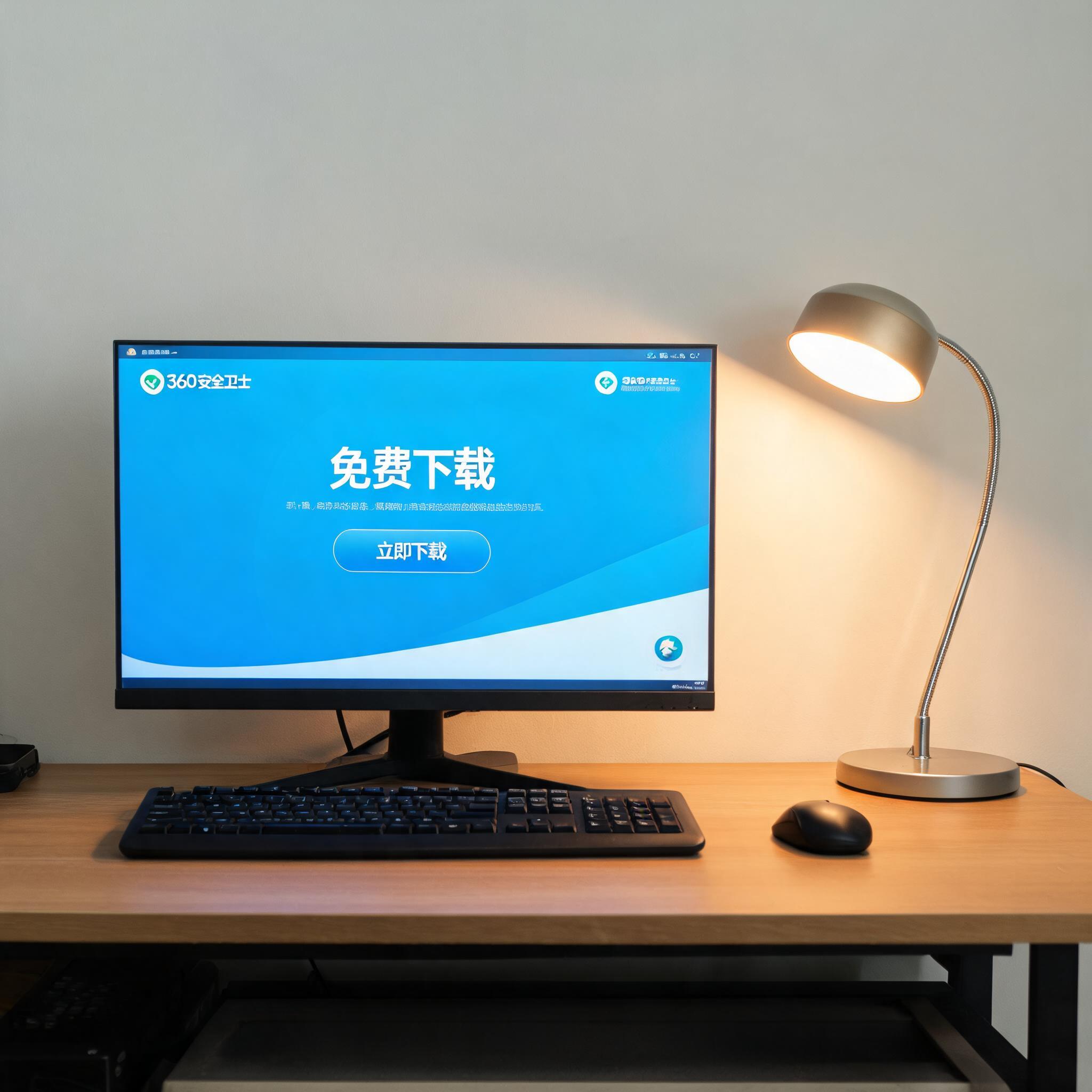 电脑桌上的电脑，屏幕显示360 安全卫士免费下载界面，旁边放着台灯