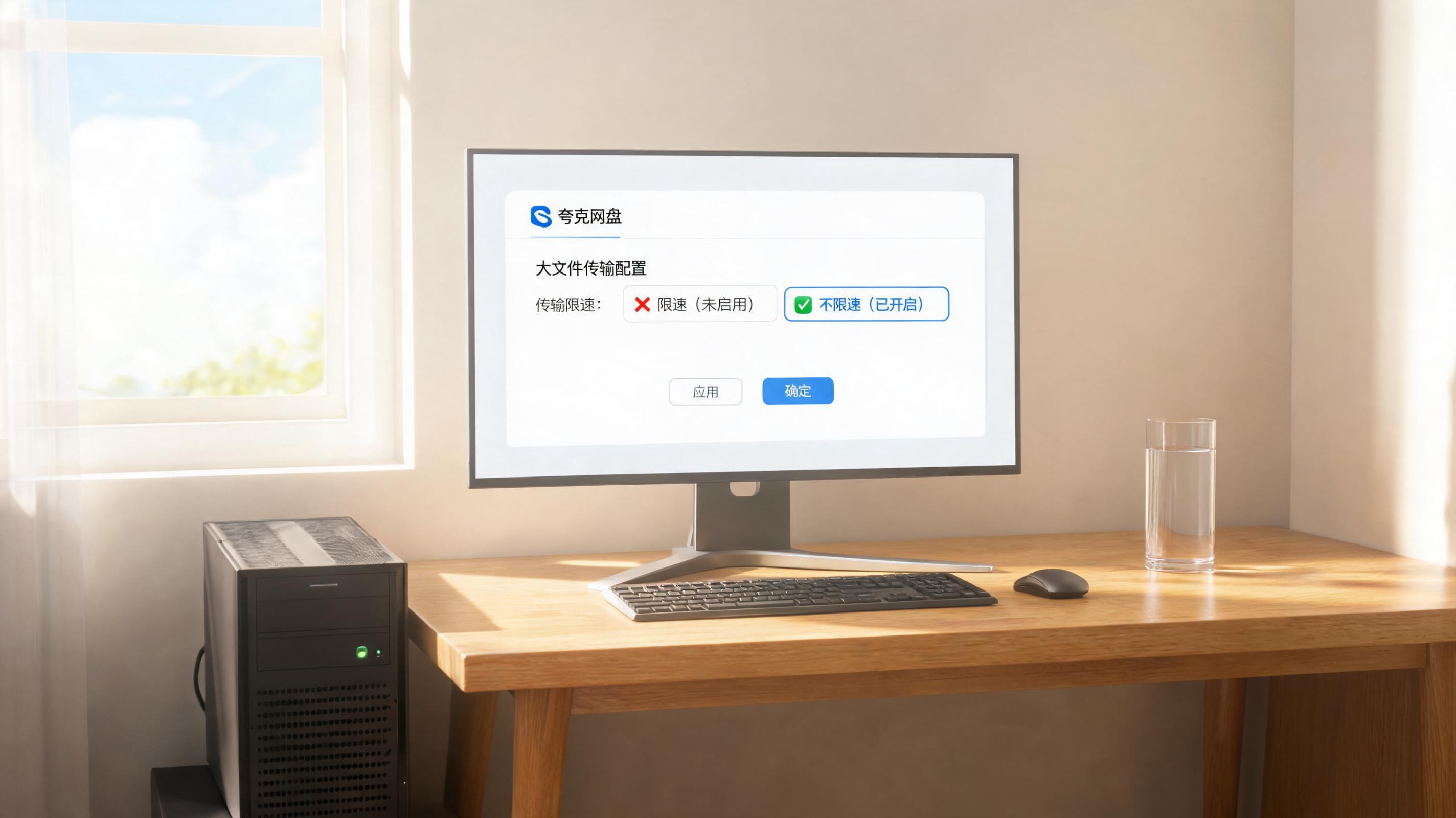 书桌上的主机，屏幕显示夸克网盘大文件传输不限速设置界面，桌角放着水杯，自然光