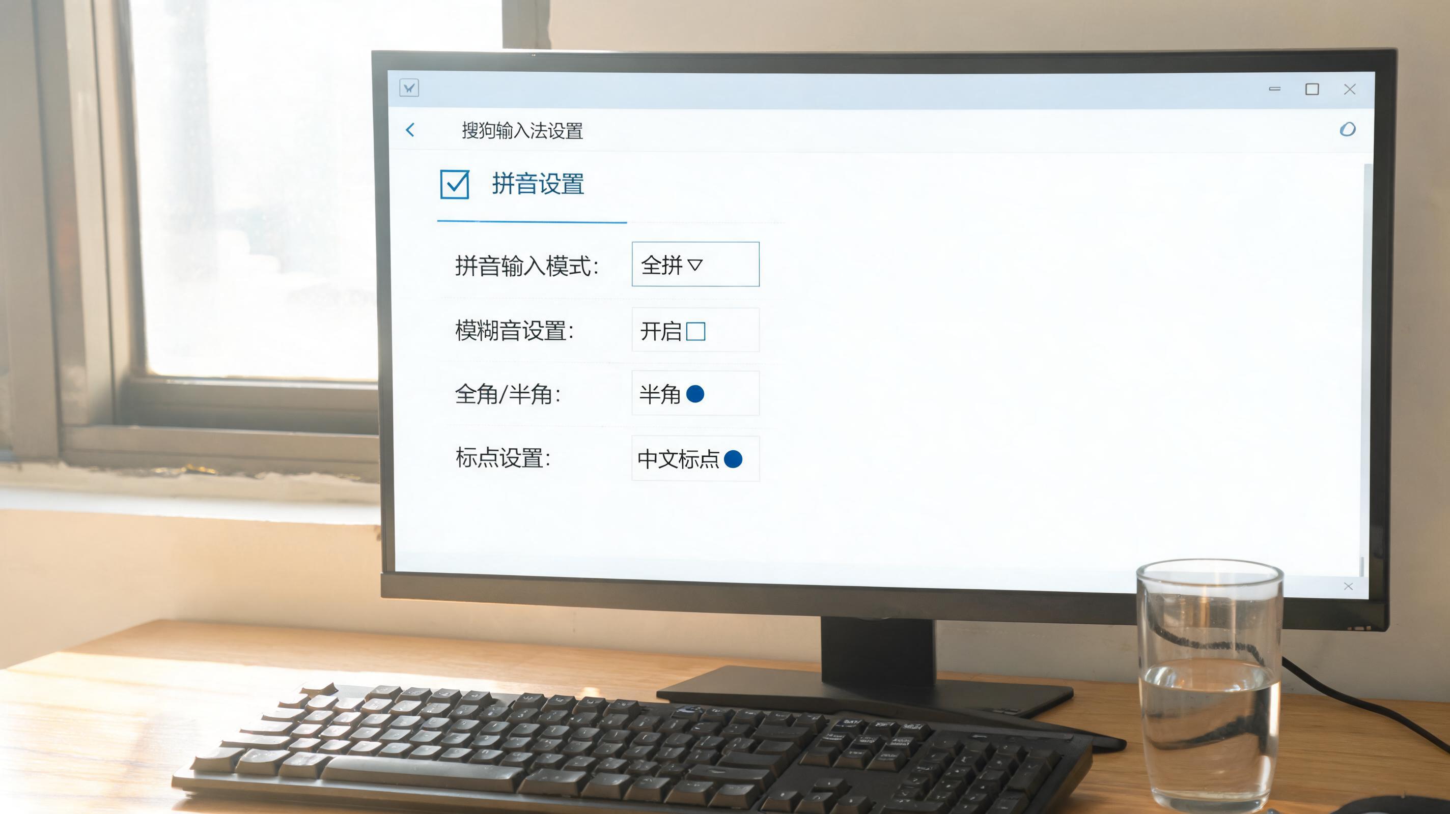 书桌上的键盘，屏幕显示搜狗输入法如何切换拼音设置界面，桌角放着水杯，自然光