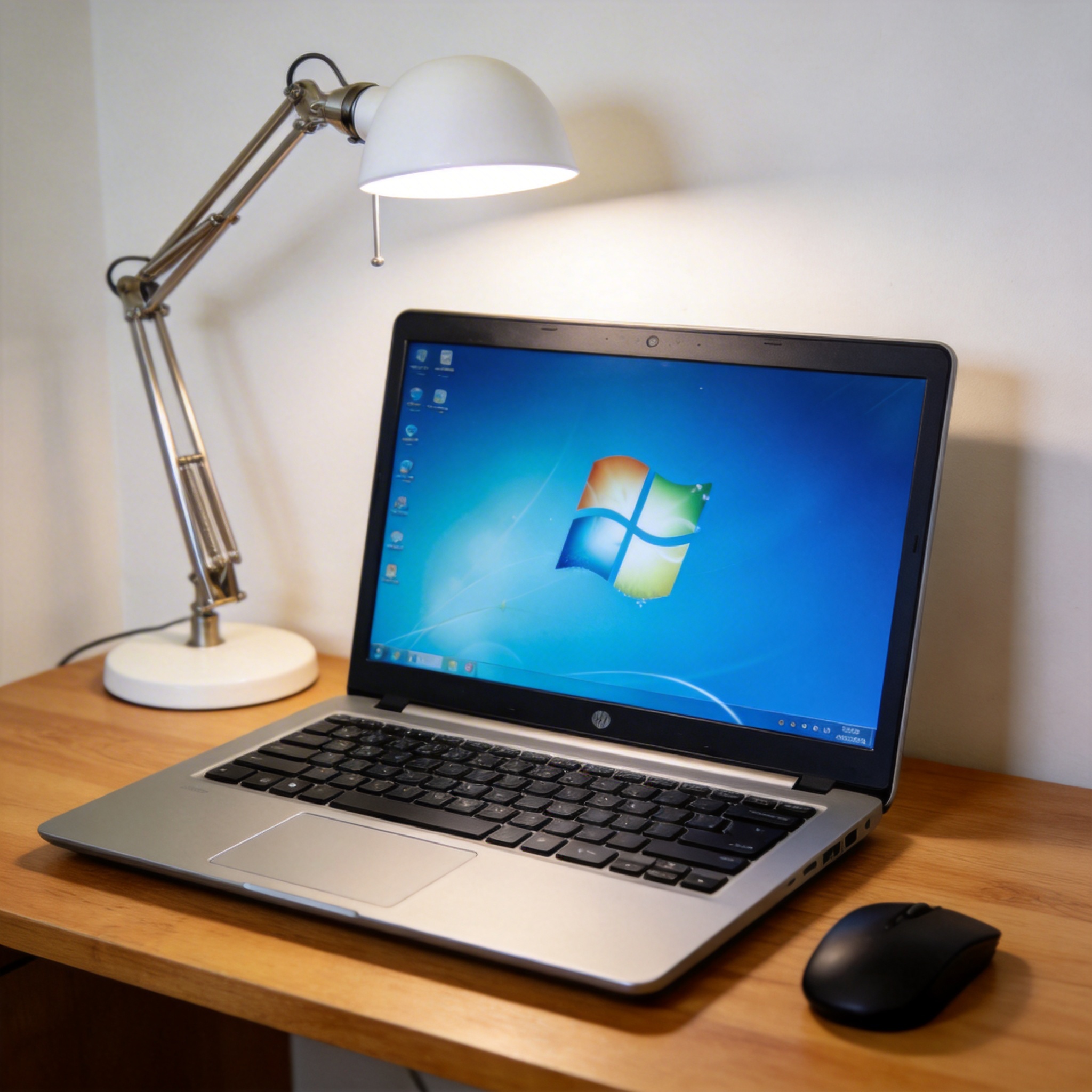 电脑桌上的电脑，屏幕显示Windows界面，旁边放着台灯