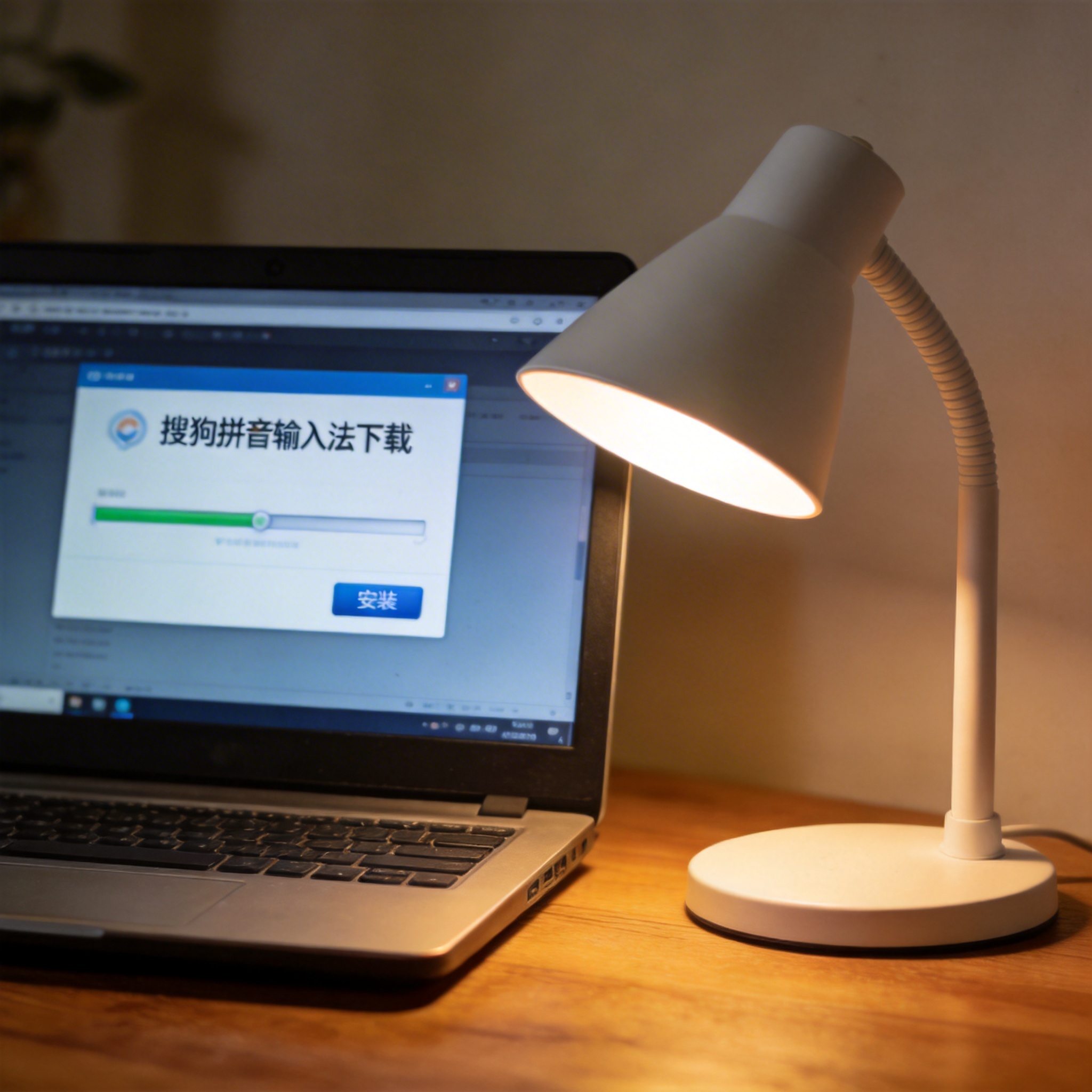 电脑桌上的电脑，屏幕显示搜狗拼音下载界面，旁边放着台灯