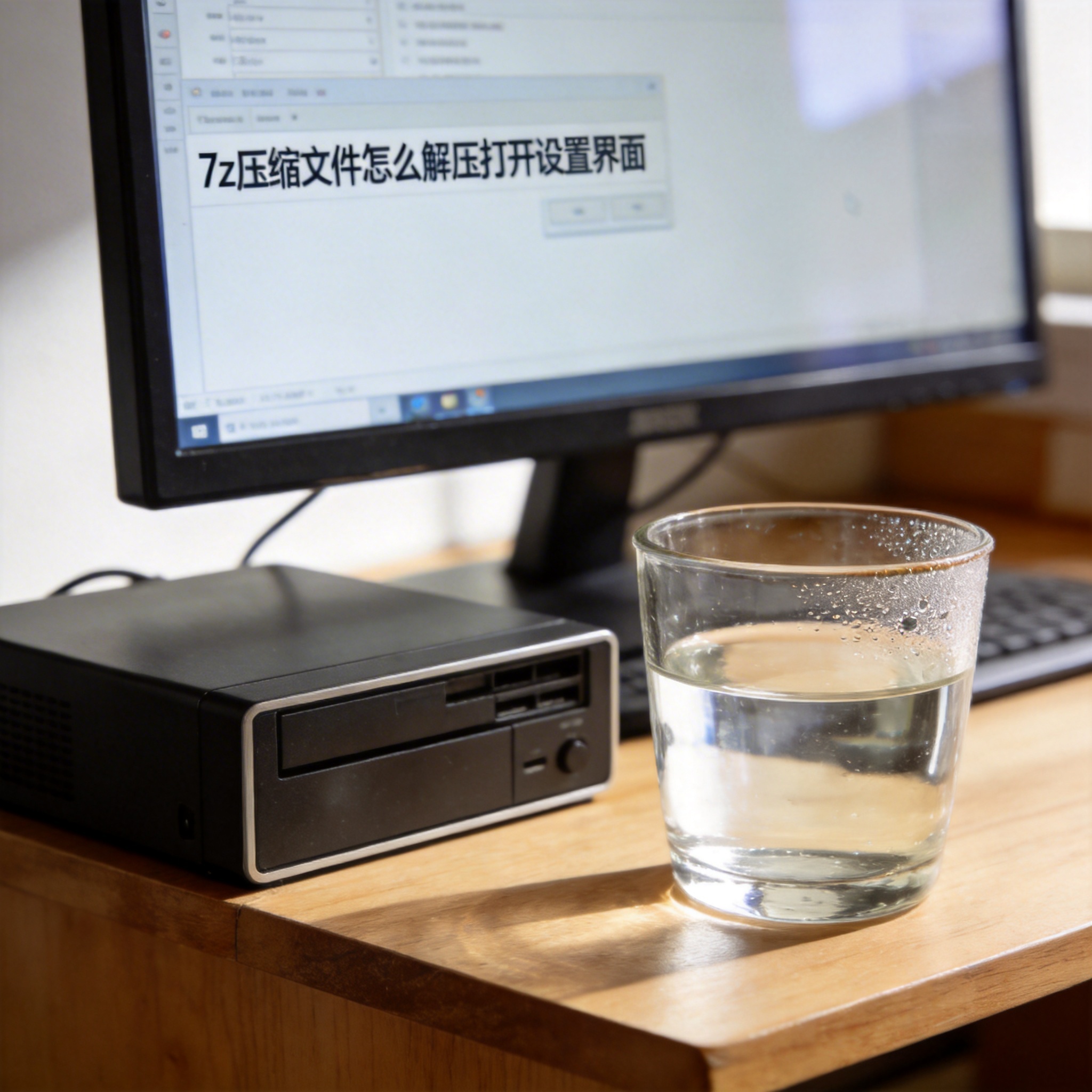 书桌上的主机，屏幕显示7z 压缩文件怎么解压打开设置界面，桌角放着水杯，自然光