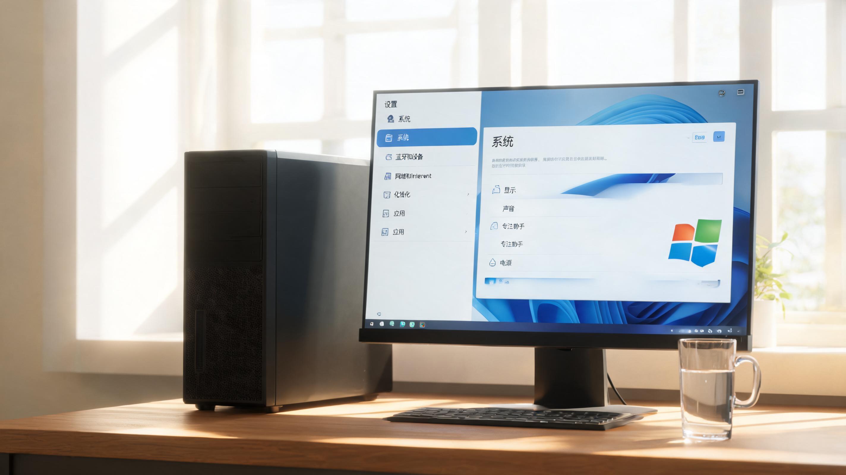 书桌上的主机，屏幕显示Windows设置界面，桌角放着水杯，自然光