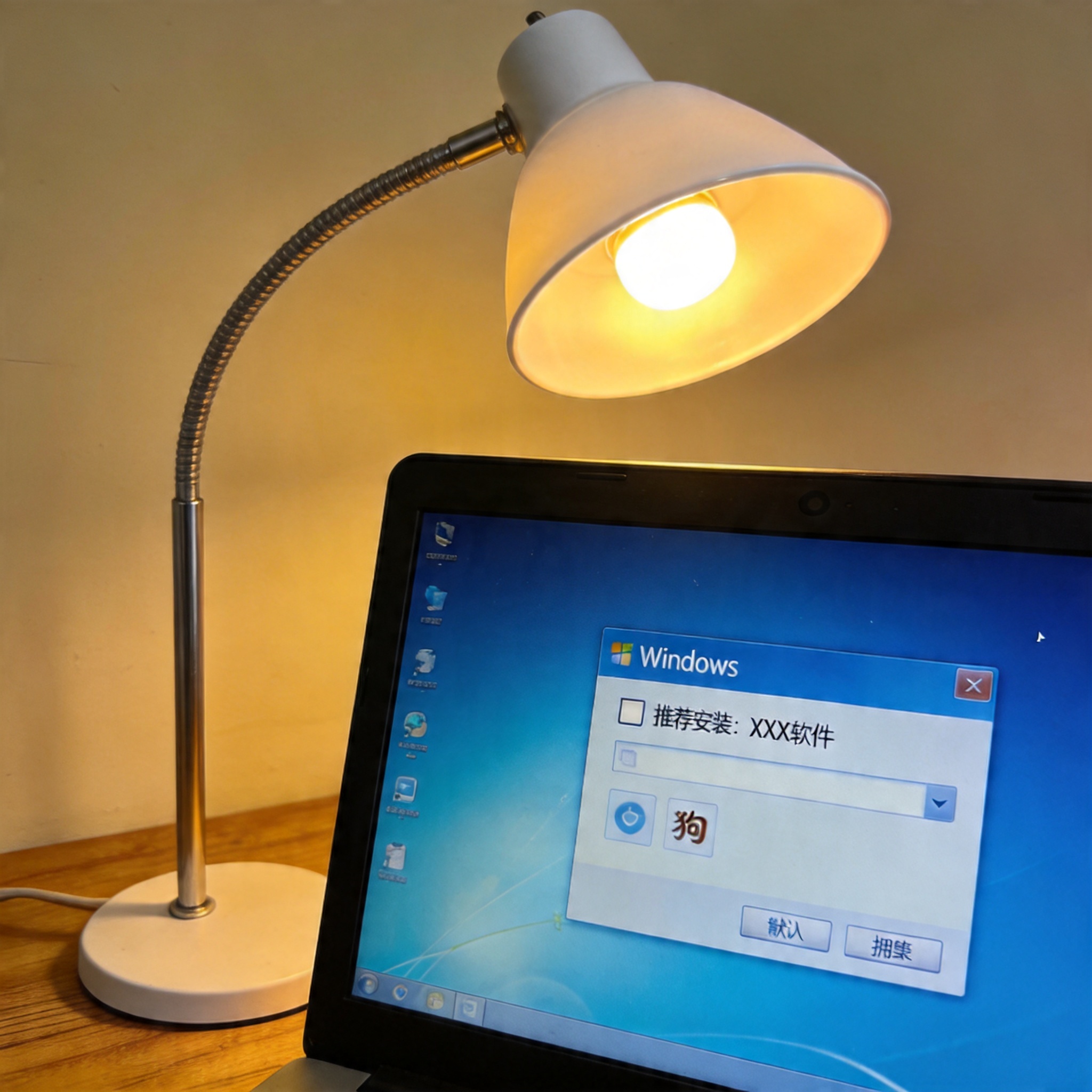 电脑屏幕显示Windows系统下搜狗输入法的安装界面，界面上有默认勾选的捆绑软件选项，旁边桌面有一个台灯，台灯开着暖光
