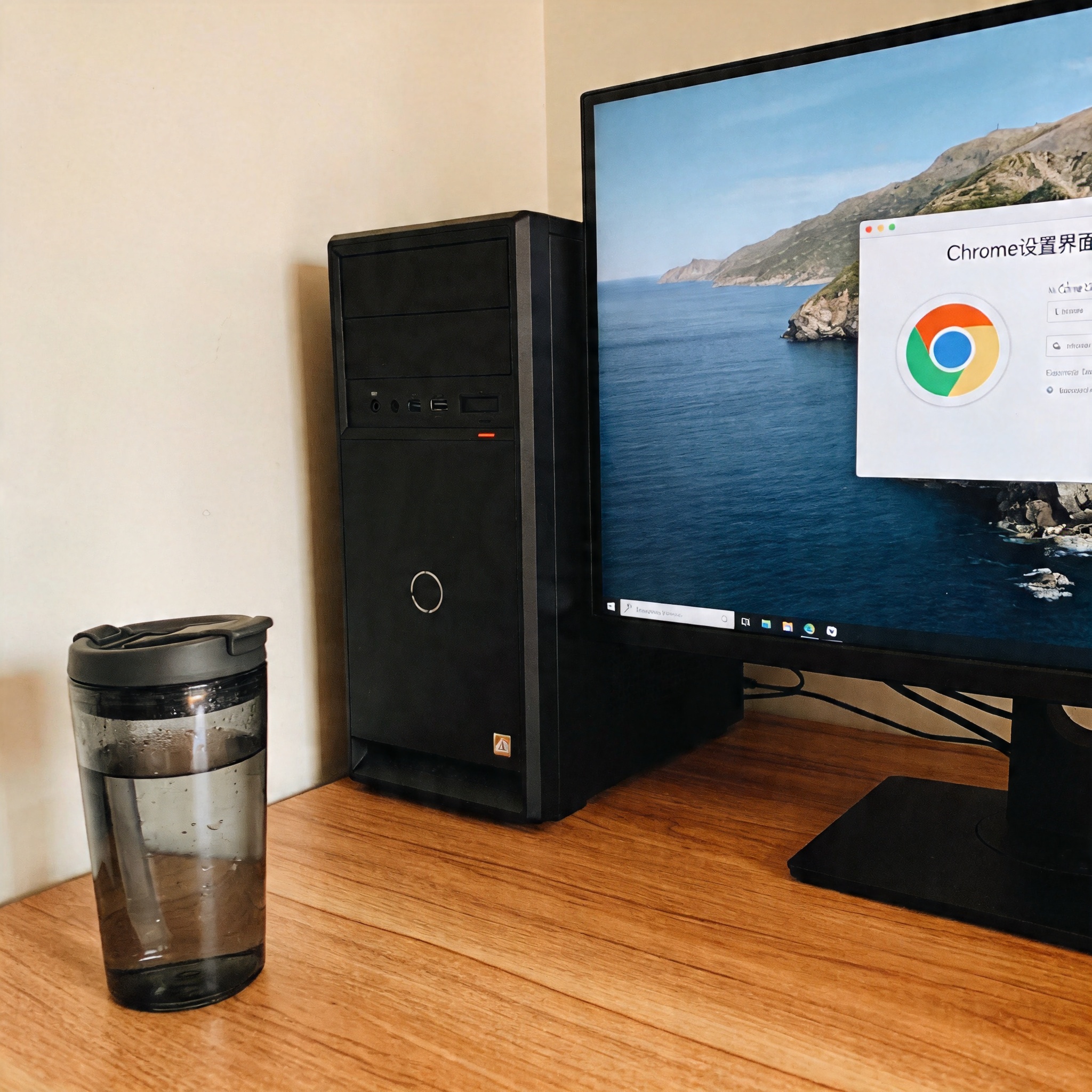书桌上的主机，屏幕显示Chrome设置界面，桌角放着水杯，自然光