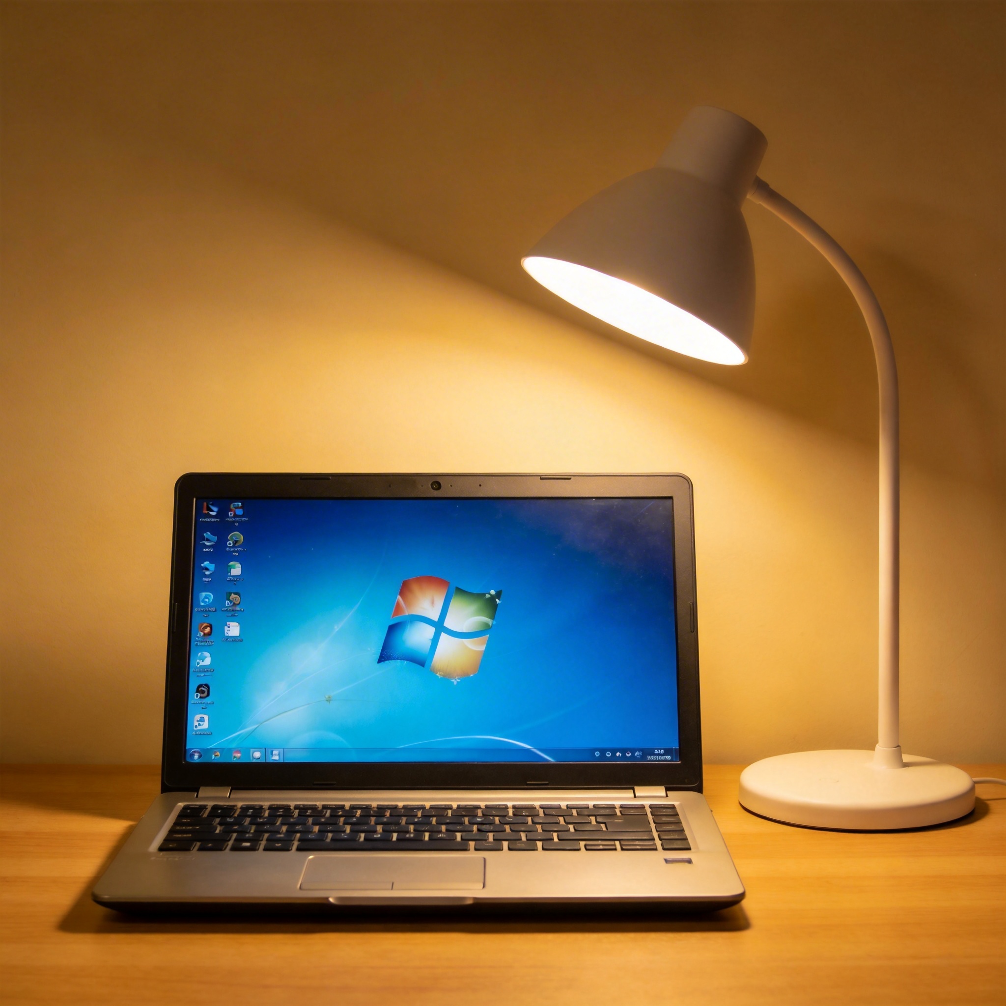 电脑桌上的电脑，屏幕显示Windows菜单，旁边放着台灯