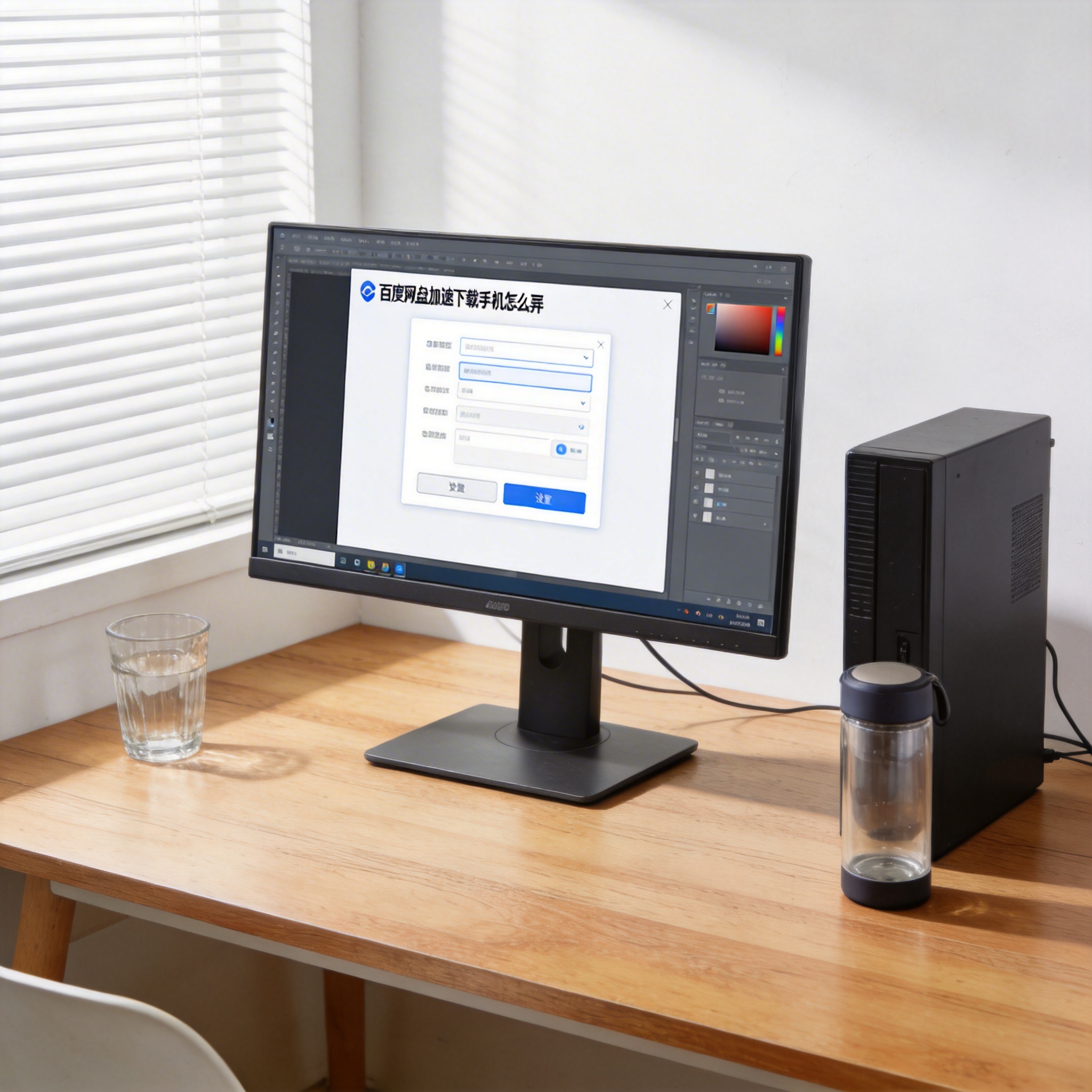 书桌上的主机，屏幕显示百度网盘加速下载手机怎么弄设置界面，桌角放着水杯，自然光