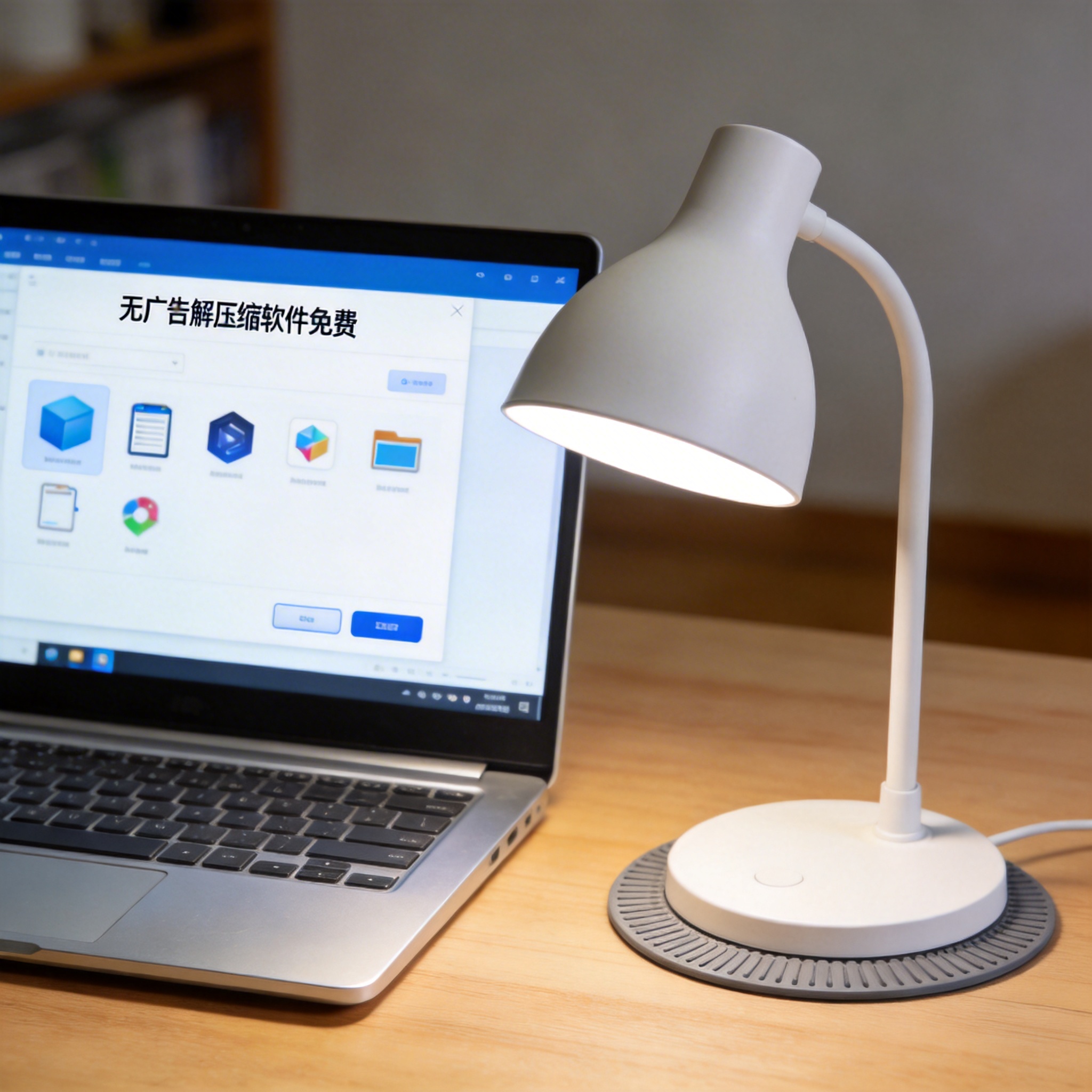 电脑桌上的电脑，屏幕显示无广告解压缩软件免费界面，旁边放着台灯