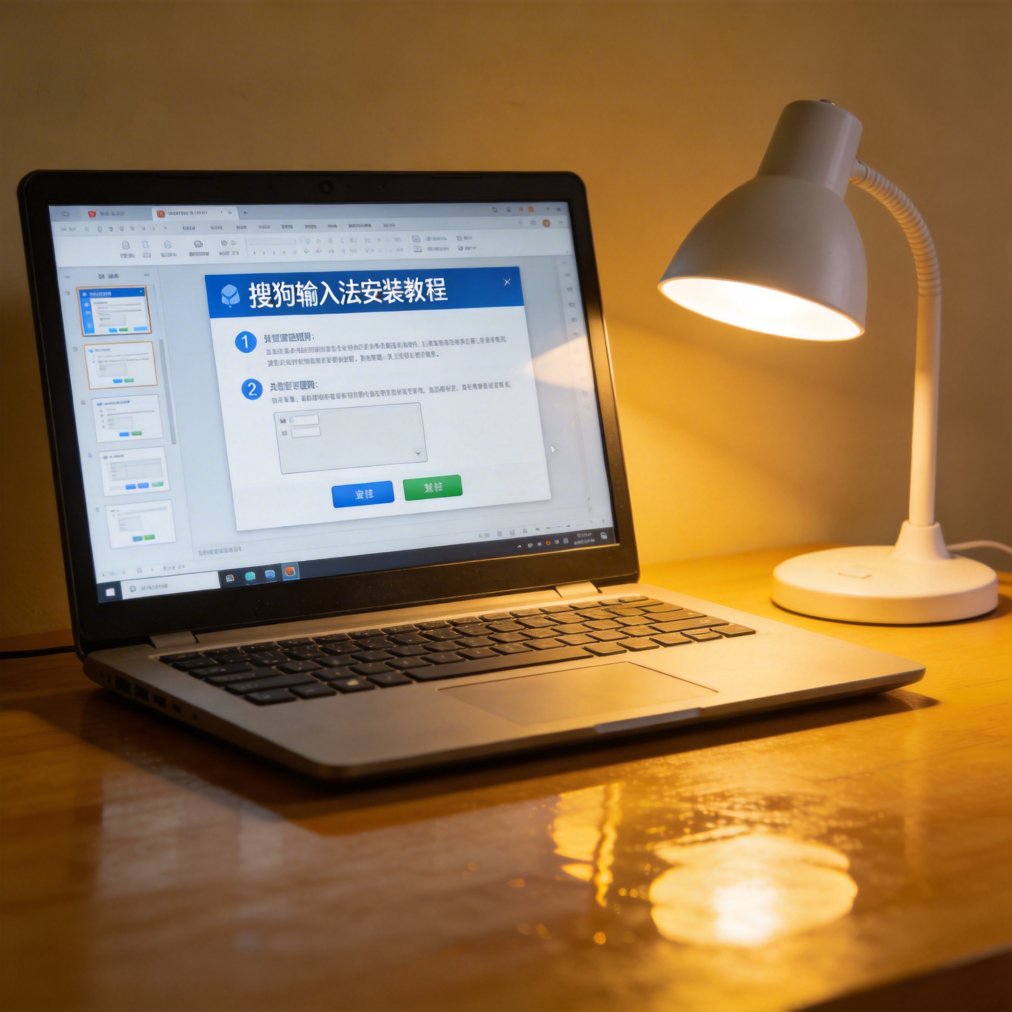 电脑桌上的电脑，屏幕显示搜狗输入法安装教程界面，旁边放着台灯