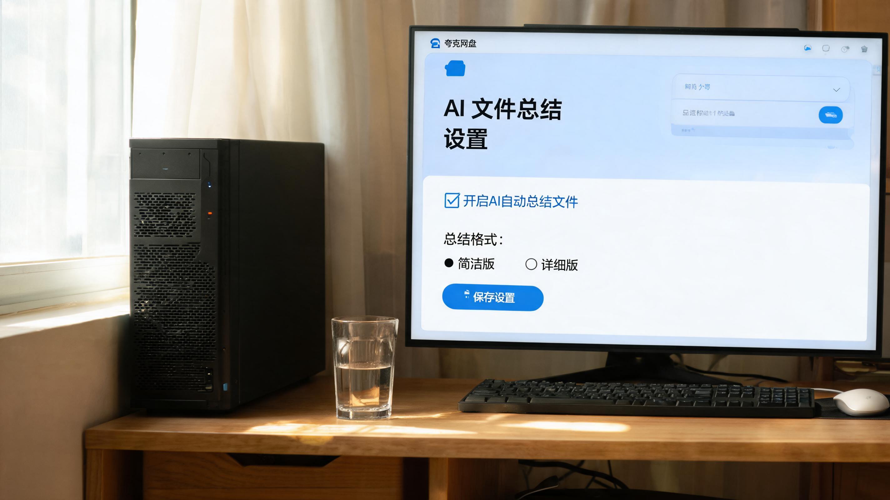书桌上的主机，屏幕显示夸克网盘 AI 文件总结功能设置界面，桌角放着水杯，自然光