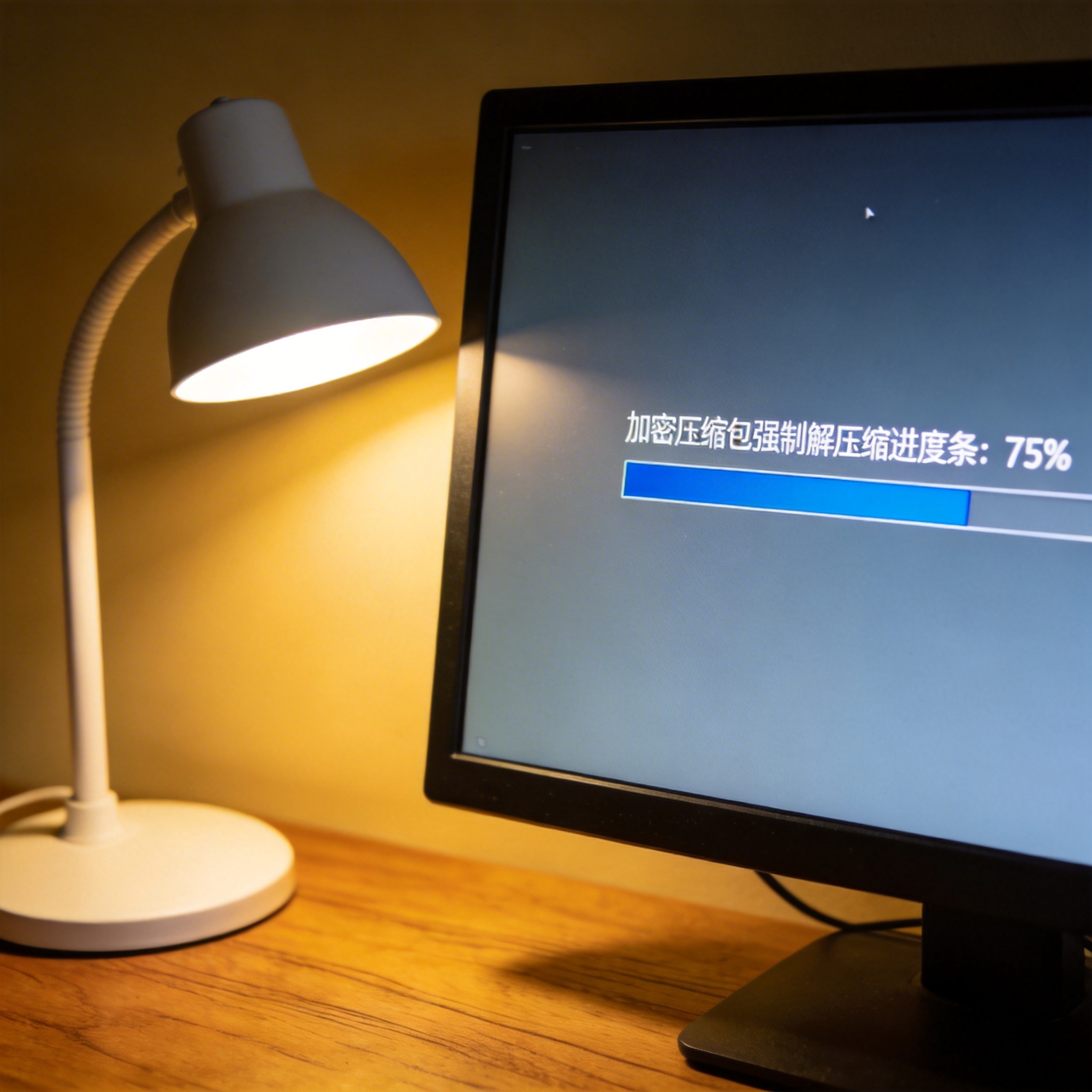 电脑桌上的电脑，屏幕显示加密压缩包强制解压缩进度条，旁边放着台灯