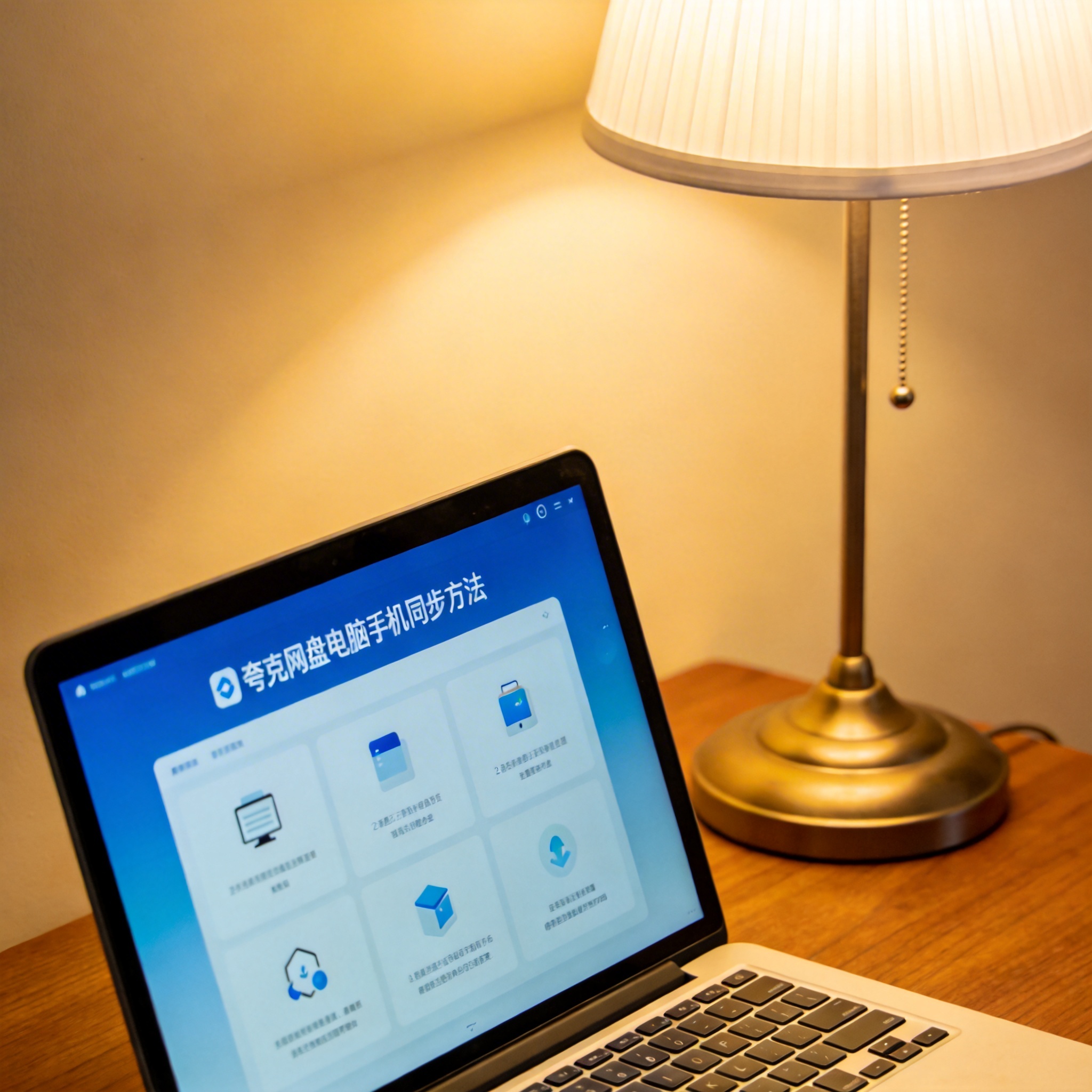 电脑桌上的电脑，屏幕显示夸克网盘电脑手机同步方法界面，旁边放着台灯
