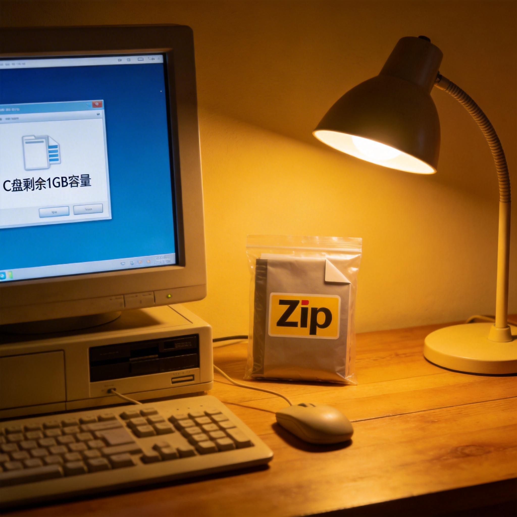 书桌上的台式电脑，屏幕显示系统磁盘空间界面，C盘剩余1GB容量，旁边放着zip压缩包，台灯暖光