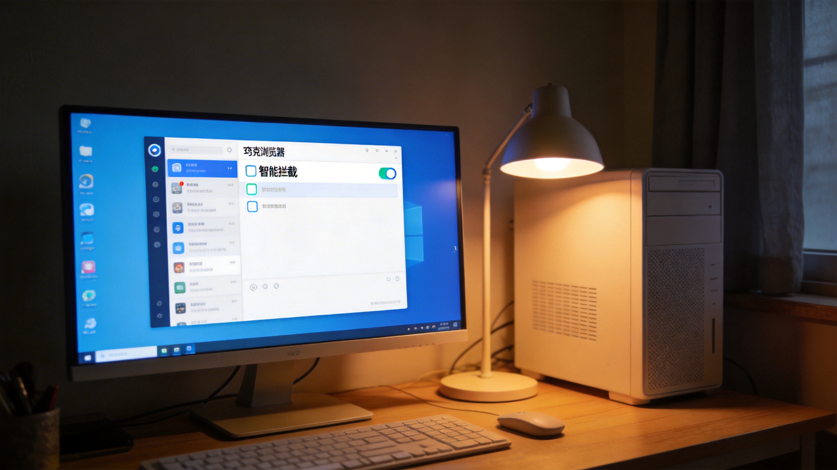 桌面的台式电脑，屏幕显示夸克浏览器设置界面，智能拦截选项已勾选，屏幕光和台灯暖光混合