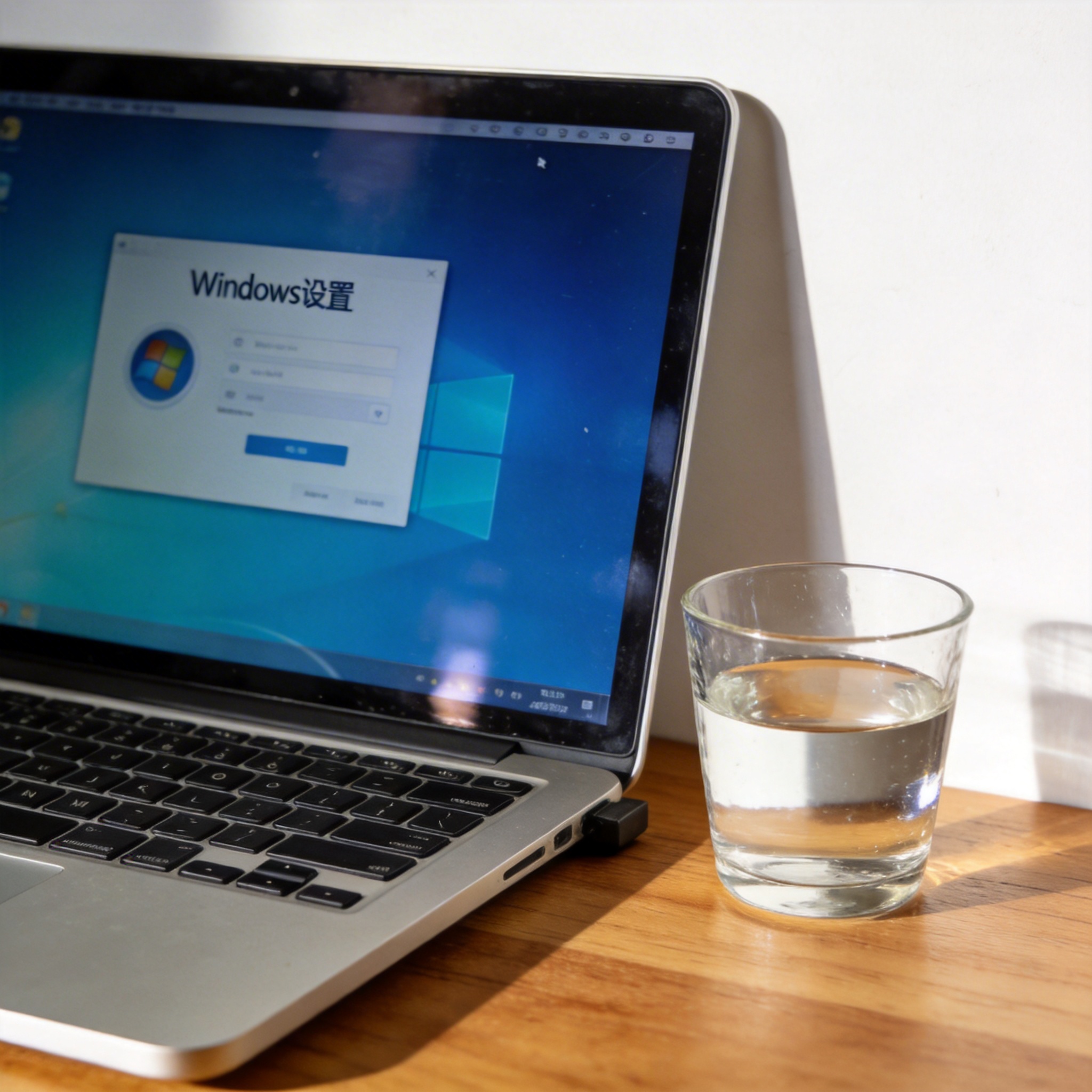 书桌上的电脑，屏幕显示Windows设置界面，桌角放着水杯，自然光