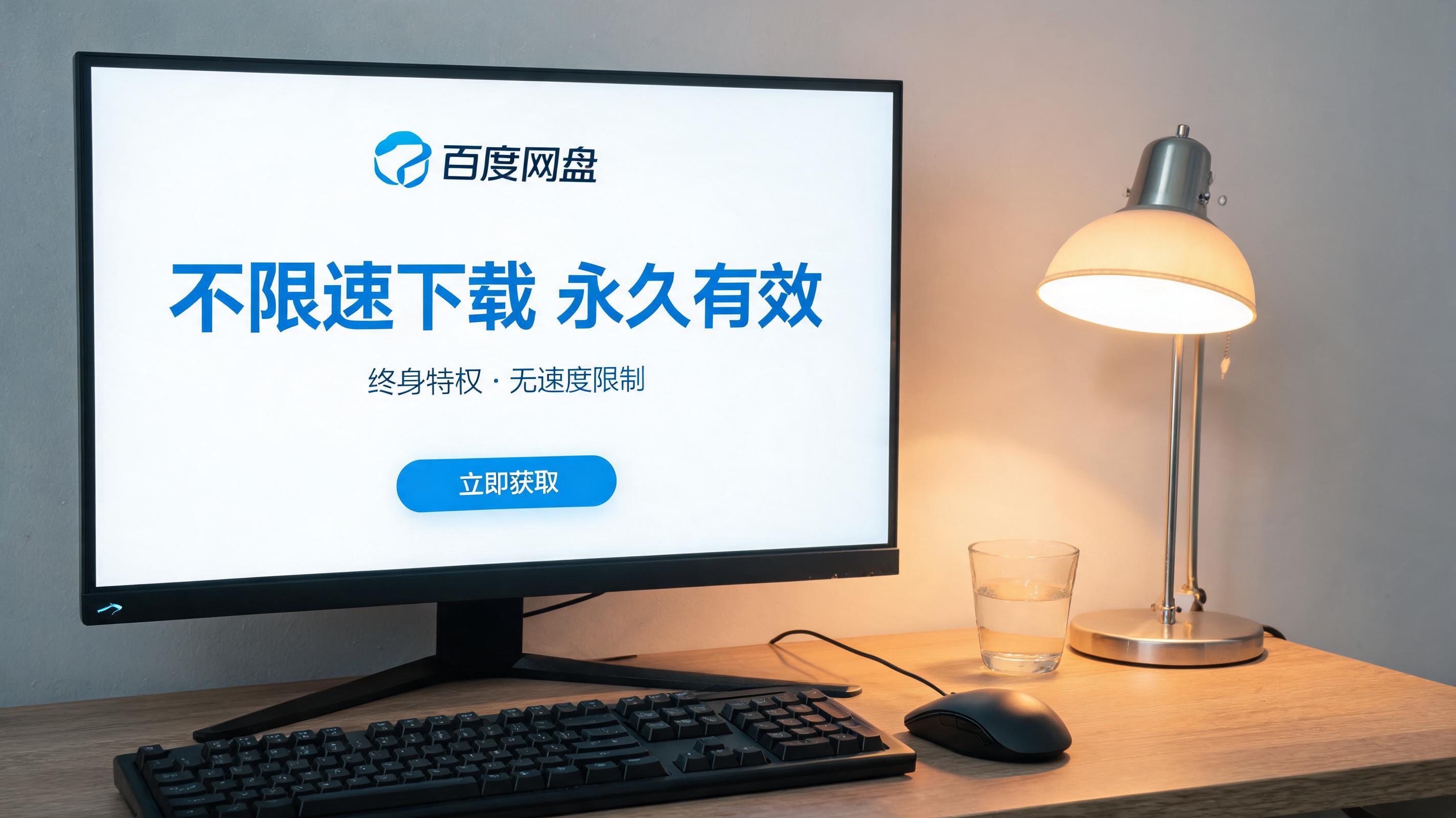 电脑桌上的电脑，屏幕显示百度网盘不限速下载永久有效界面，旁边放着台灯