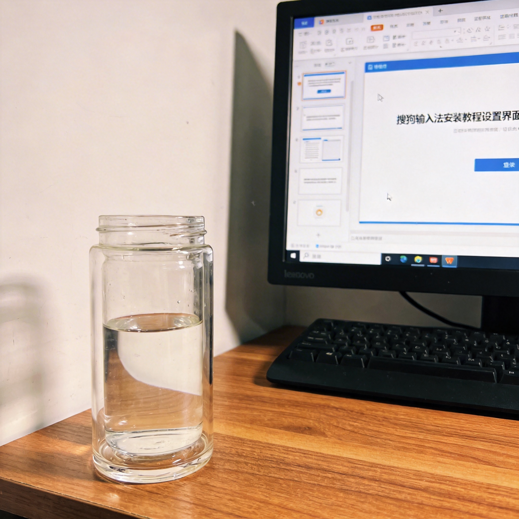 书桌上的主机，屏幕显示搜狗输入法安装教程设置界面，桌角放着水杯，自然光