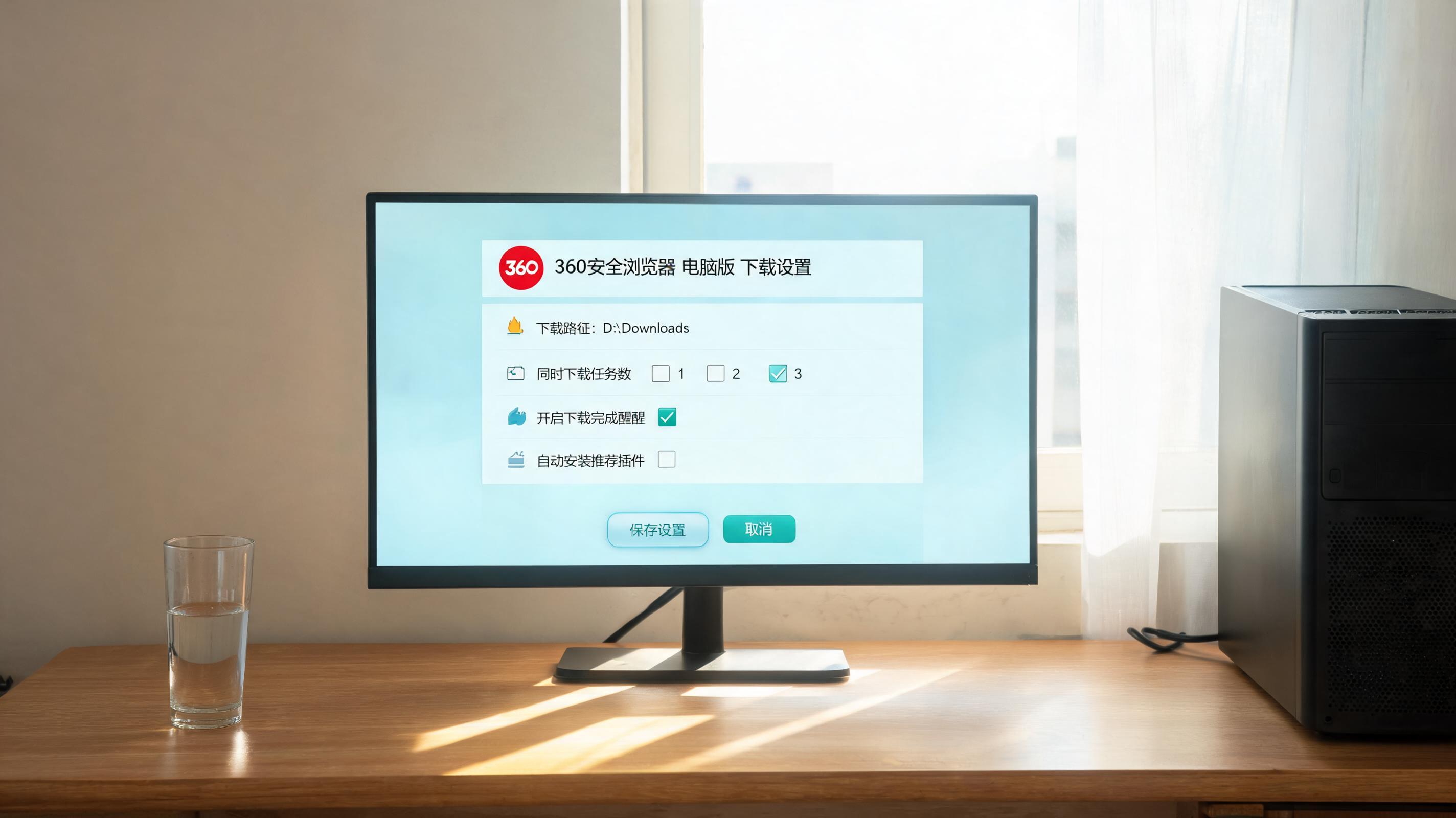书桌上的主机，屏幕显示360 安全浏览器电脑版下载设置界面，桌角放着水杯，自然光