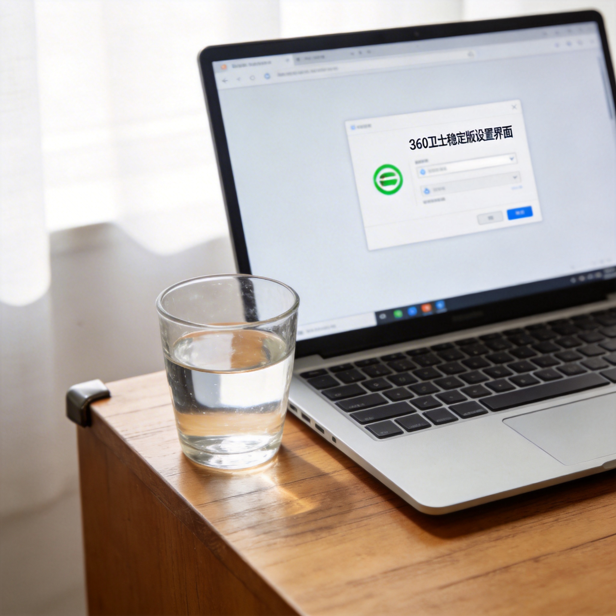 书桌上的笔记本，屏幕显示360 卫士稳定版设置界面，桌角放着水杯，自然光