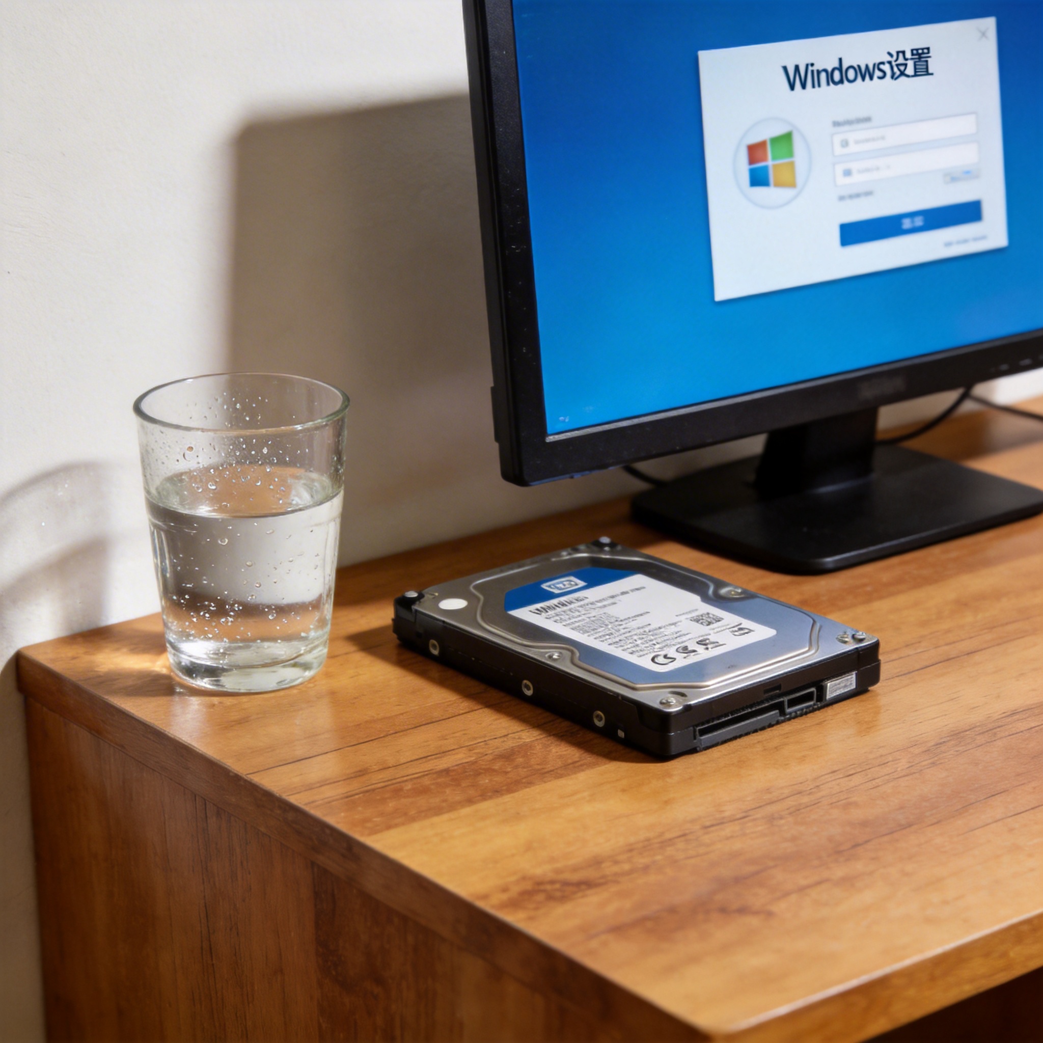 书桌上的硬盘，屏幕显示Windows设置界面，桌角放着水杯，自然光