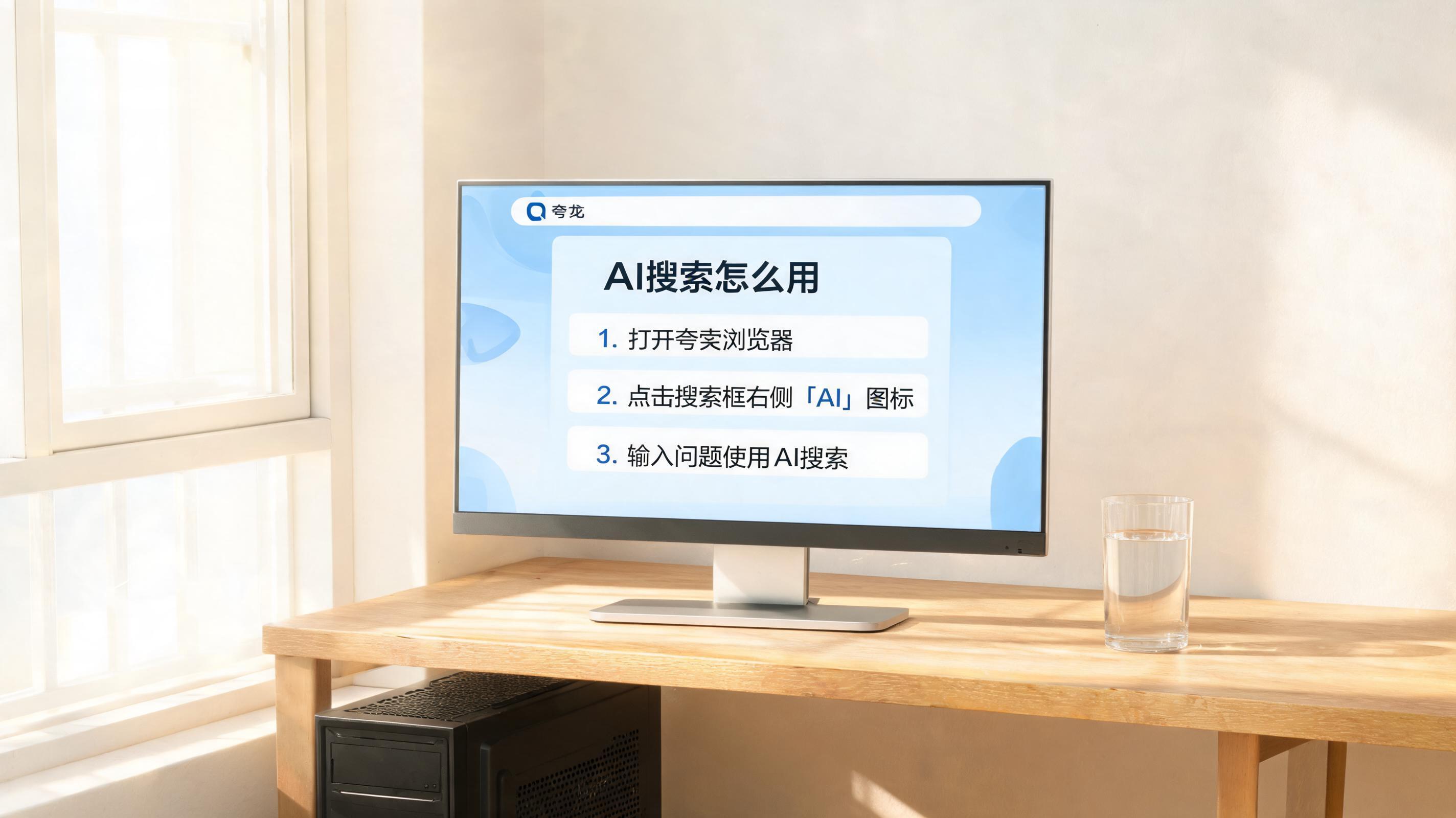 书桌上的主机，屏幕显示夸克浏览器 AI 搜索怎么用设置界面，桌角放着水杯，自然光