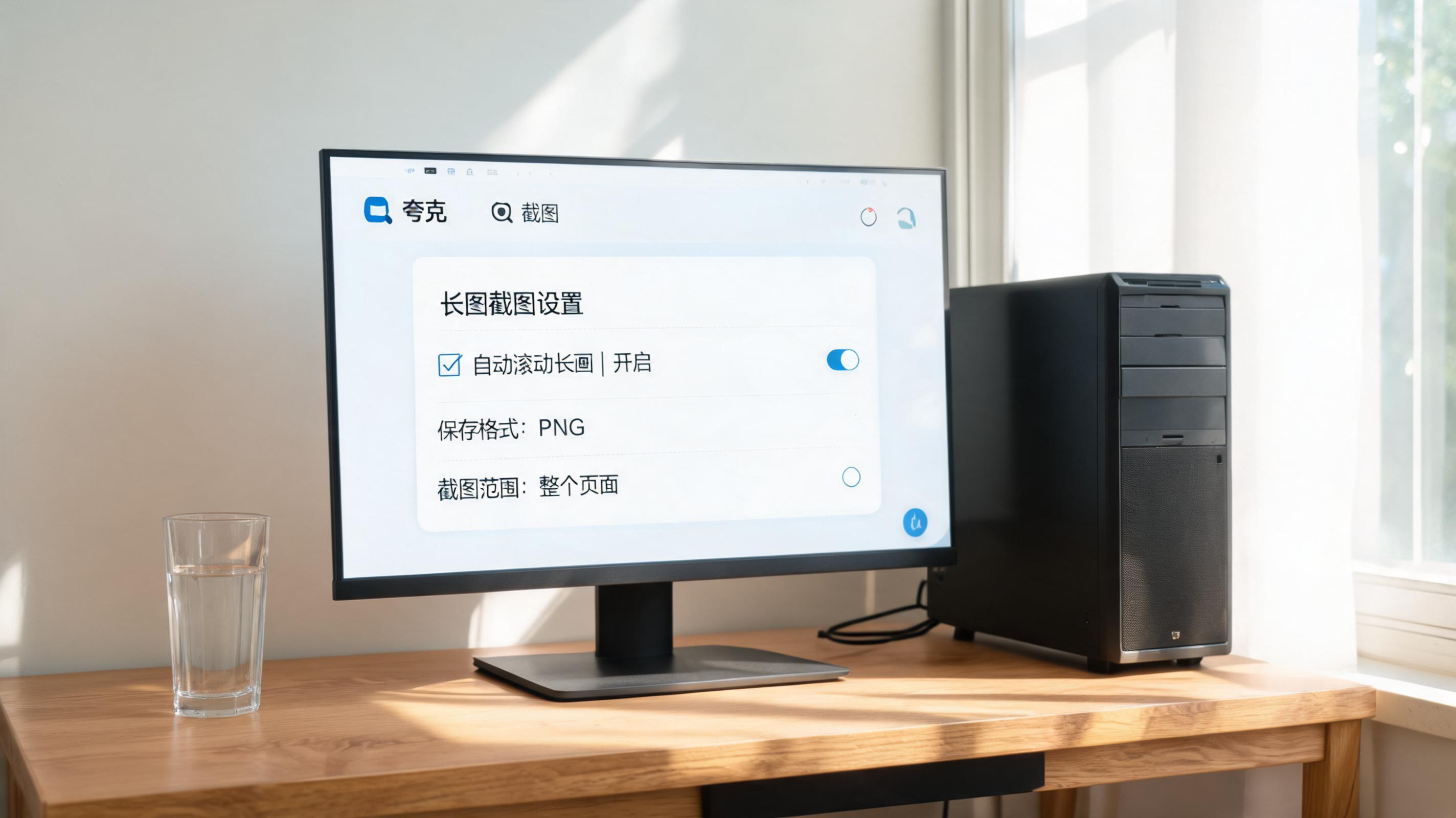 书桌上的主机，屏幕显示夸克浏览器截图长图功能设置界面，桌角放着水杯，自然光
