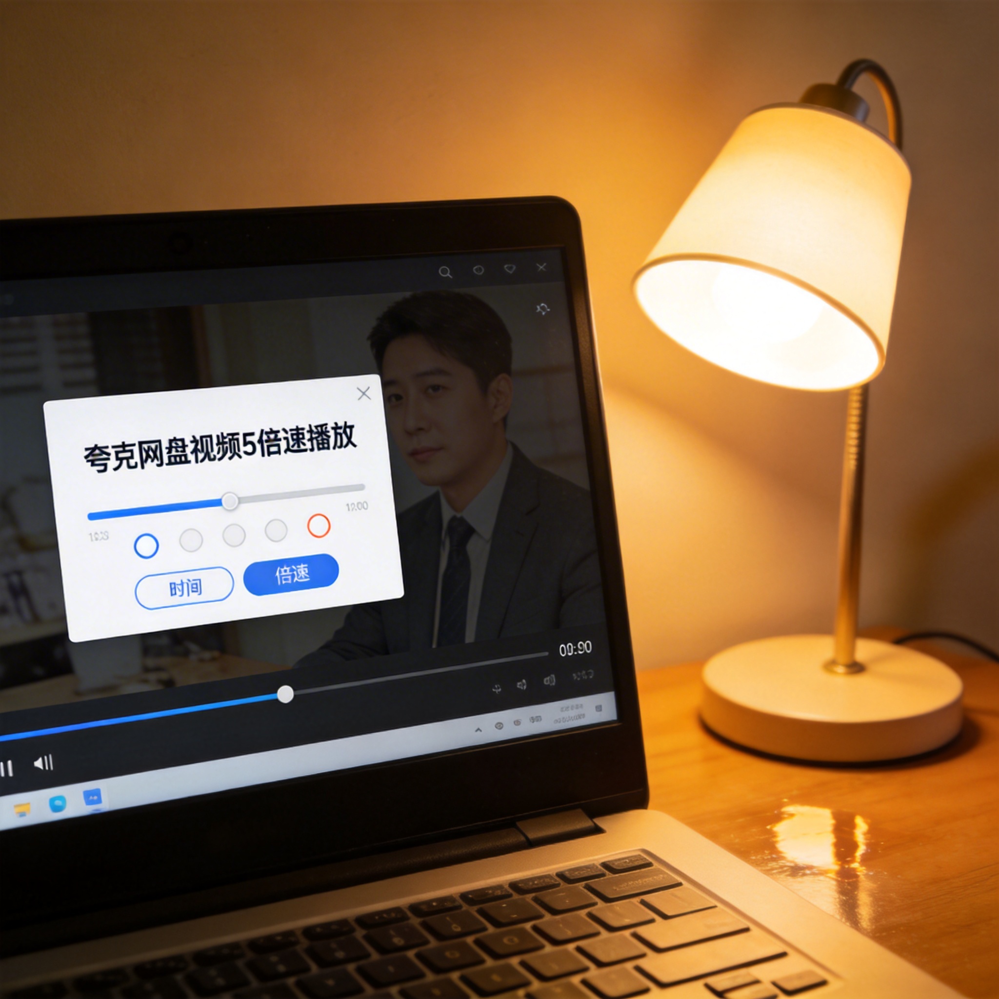 电脑桌上的电脑，屏幕显示夸克网盘视频 5 倍速播放界面，旁边放着台灯