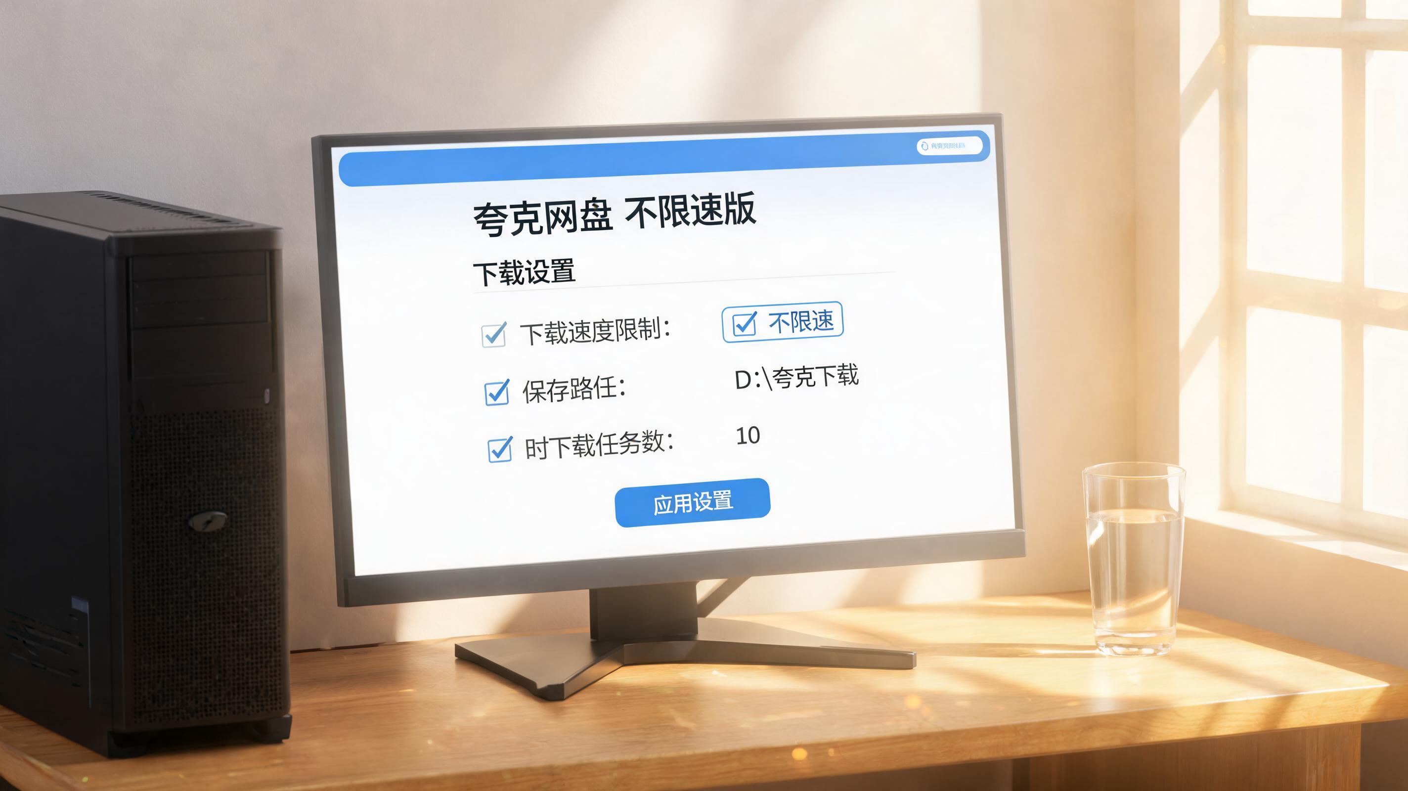 书桌上的主机，屏幕显示夸克网盘不限速版下载设置界面，桌角放着水杯，自然光