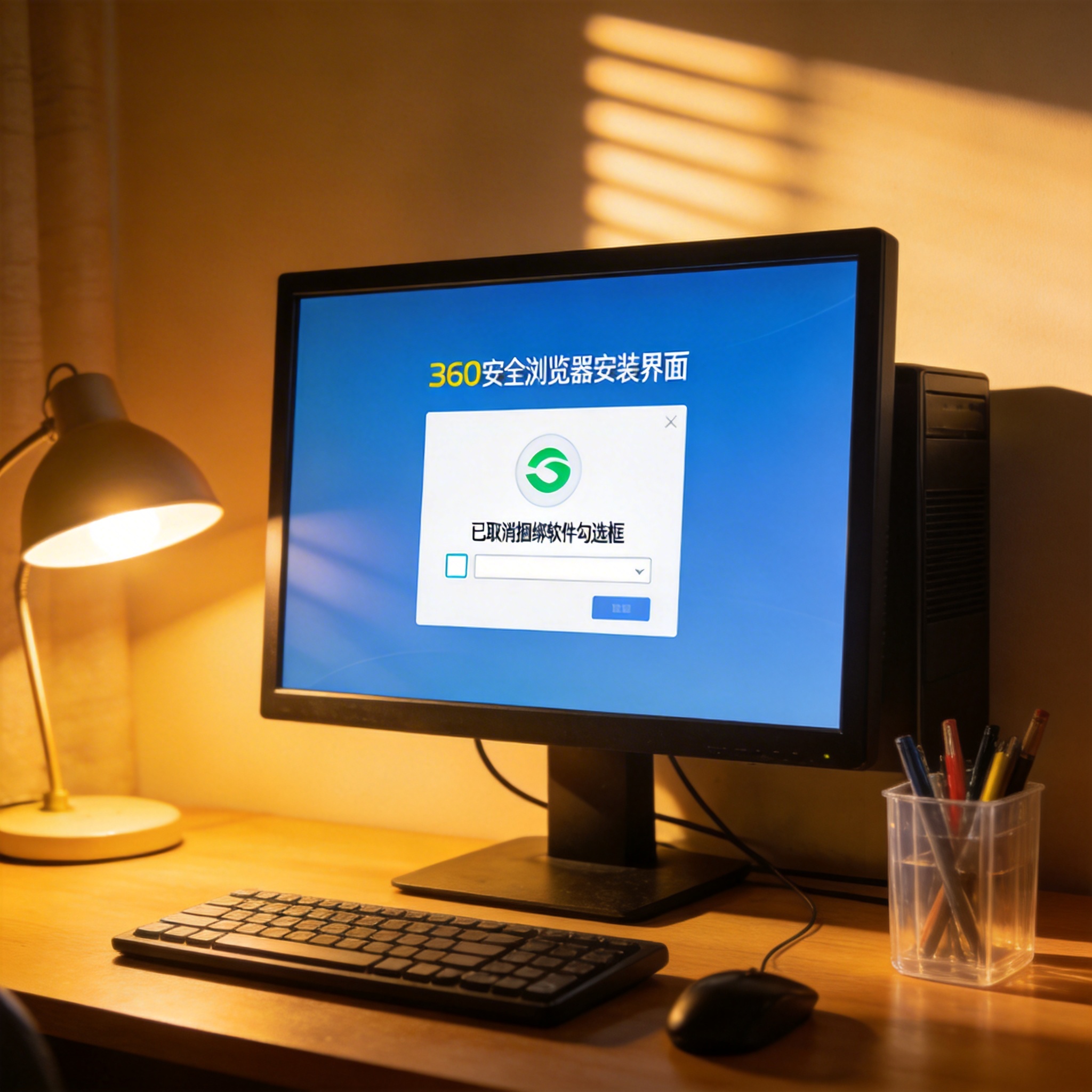 书桌上的台式电脑，屏幕显示360安全浏览器安装界面，已取消捆绑软件勾选框，桌面有塑料笔筒，台灯暖光
