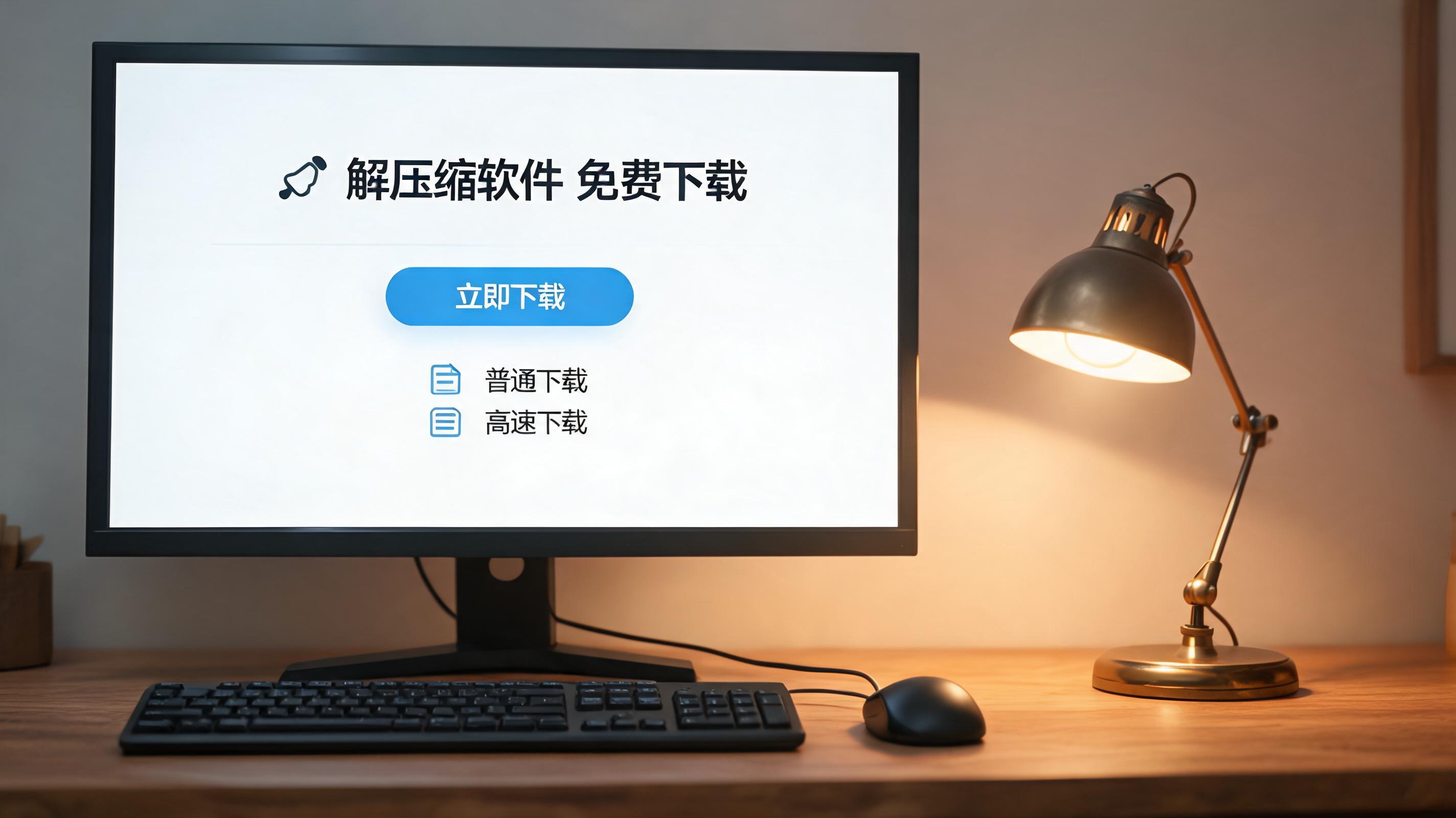 电脑桌上的电脑，屏幕显示解压缩软件免费下载菜单，旁边放着台灯