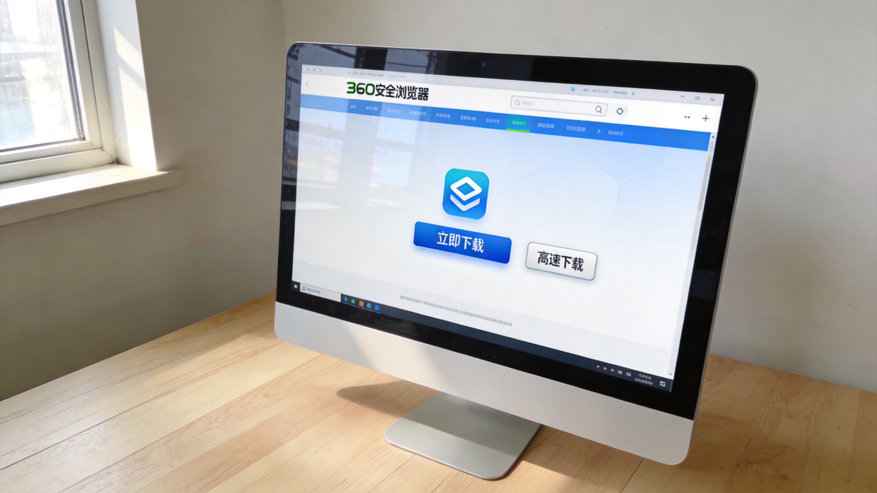 电脑桌面显示360安全浏览器官网页面，页面上有“立即下载”和带小字的“高速下载”按钮，室内自然光
