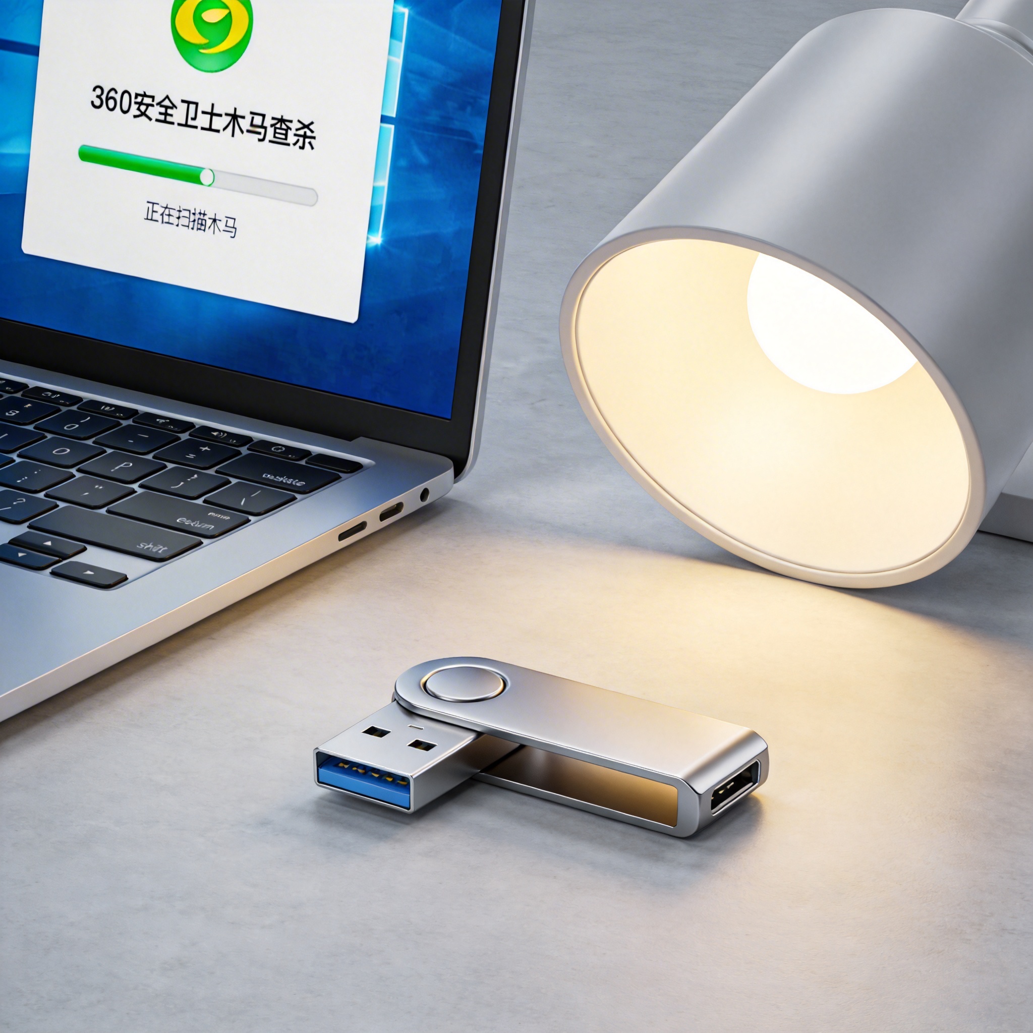 电脑桌上的U盘，屏幕显示360 安全卫士木马查杀界面，旁边放着台灯