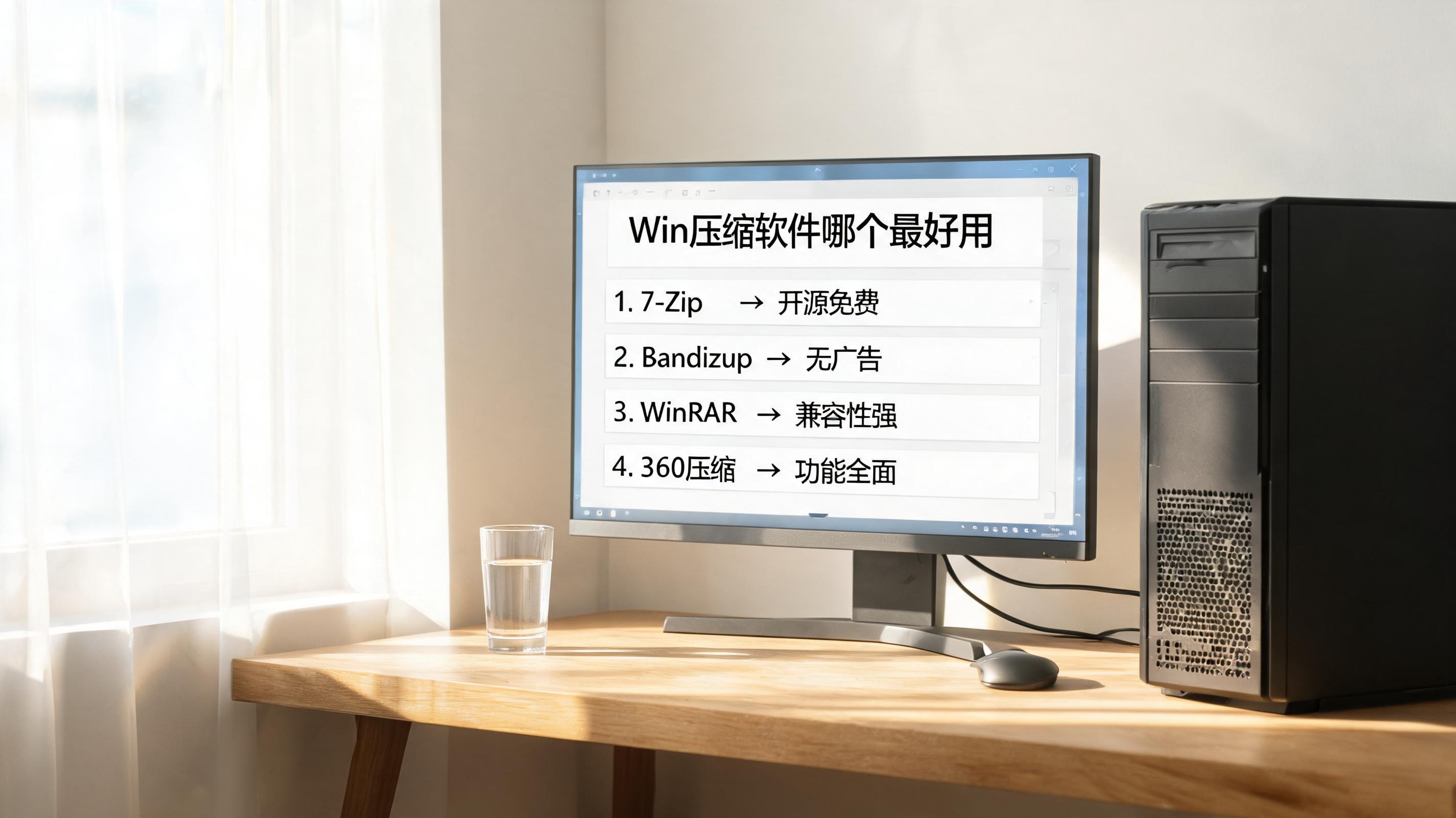 书桌上的主机，屏幕显示win 压缩软件哪个最好用设置界面，桌角放着水杯，自然光