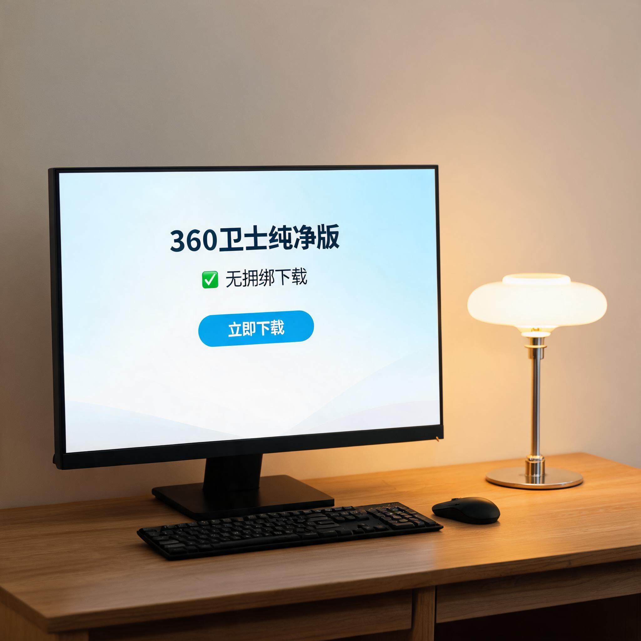 电脑桌上的电脑，屏幕显示360 卫士纯净版无捆绑下载桌面，旁边放着台灯