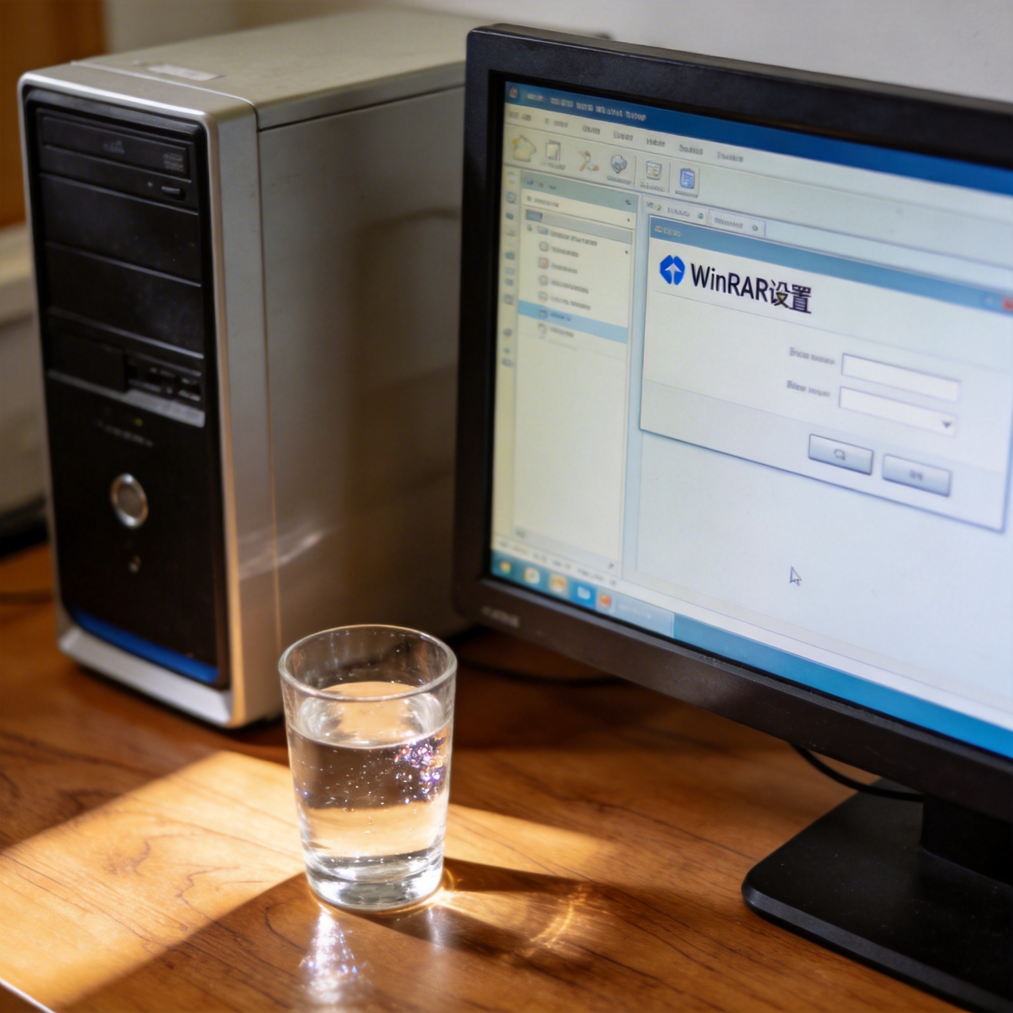 书桌上的主机，屏幕显示winrar设置界面，桌角放着水杯，自然光